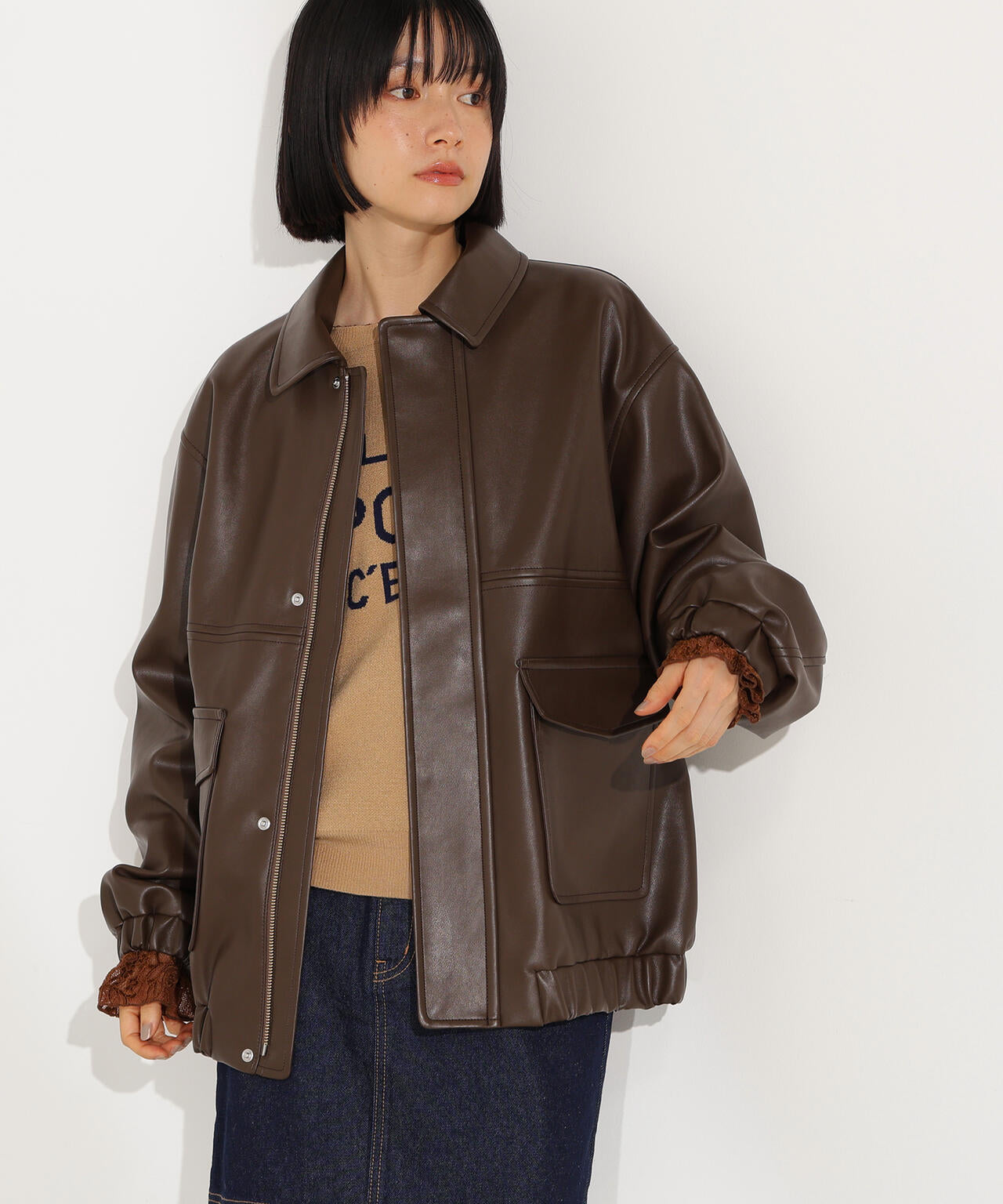 フェイクレザーステンカラーブルゾン