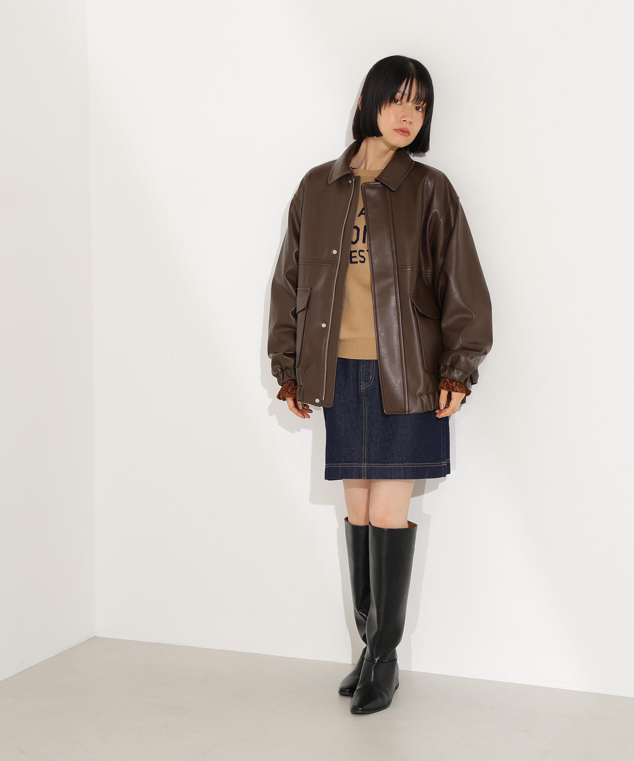 フェイクレザーステンカラーブルゾン