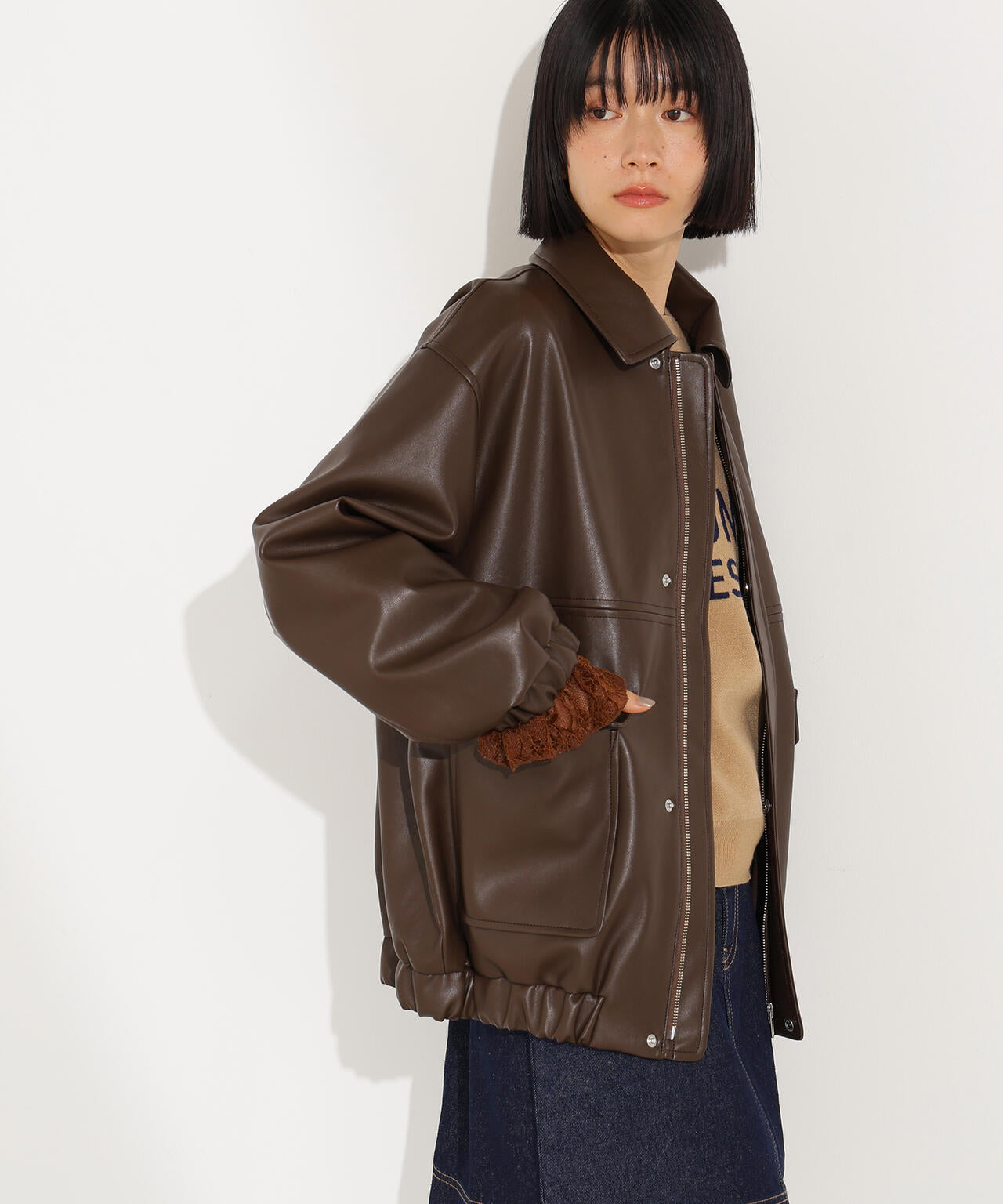 フェイクレザーステンカラーブルゾン