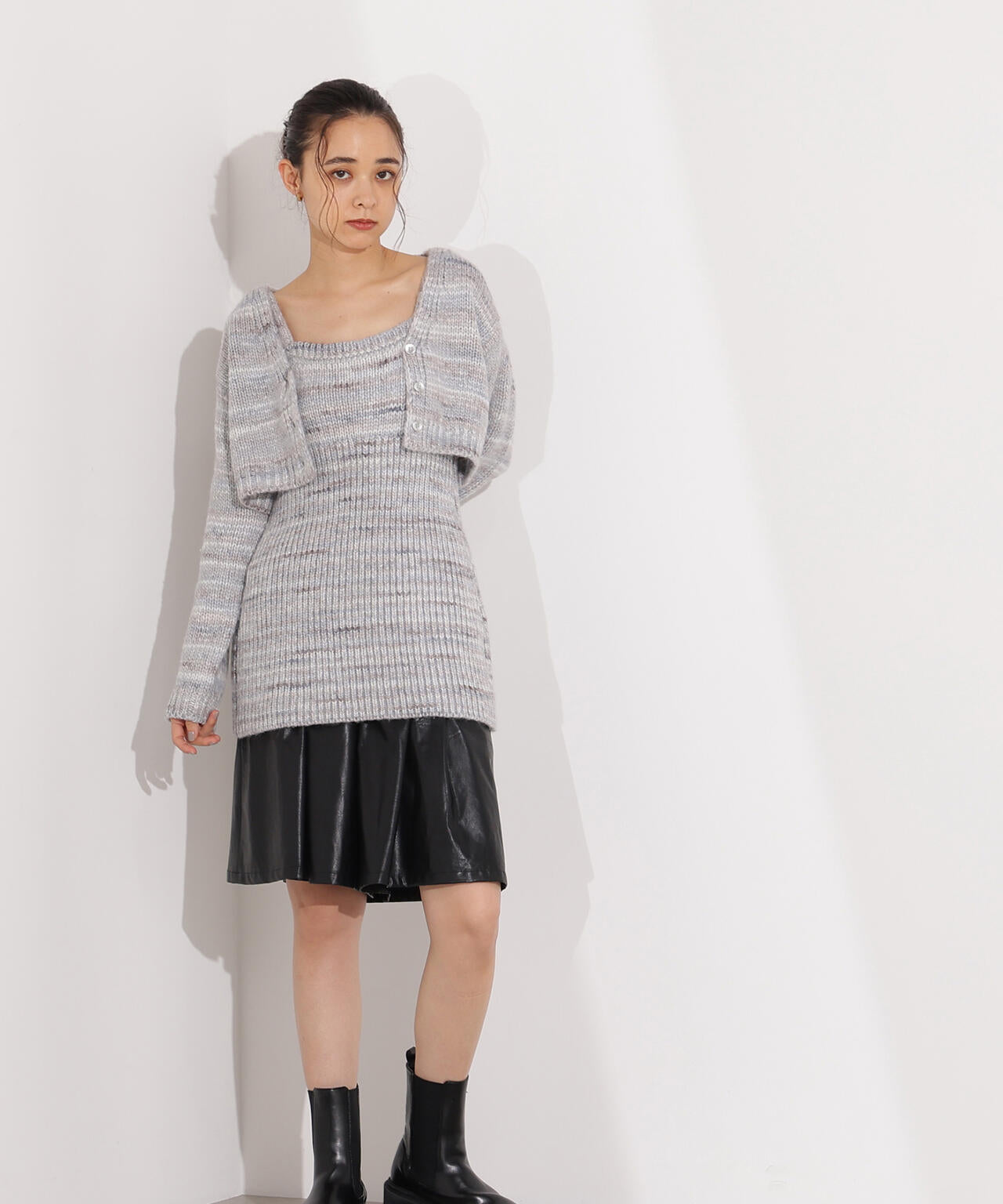 ミックスカラーチュニック&ショートカーディガン