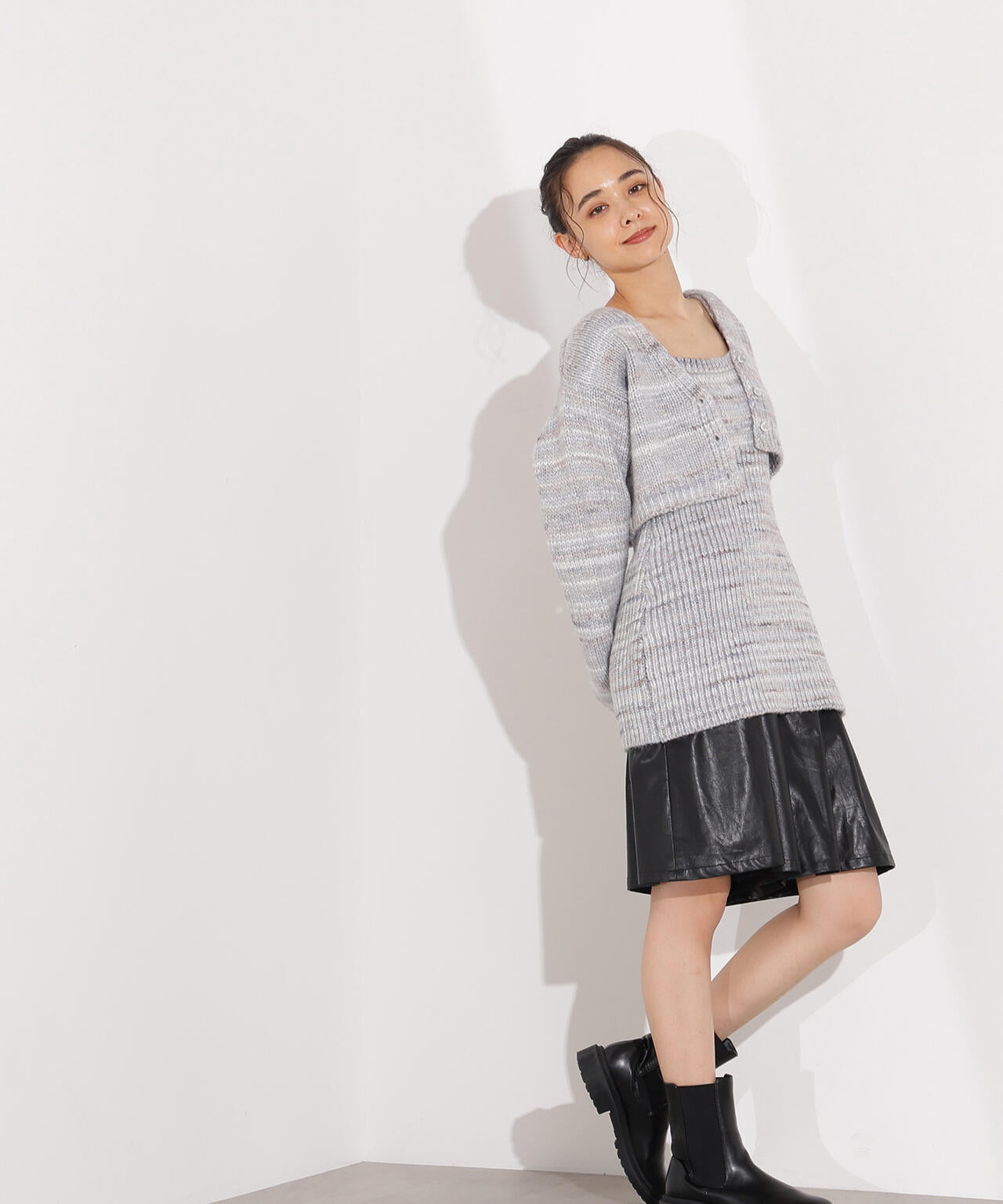 ミックスカラーチュニック&ショートカーディガン