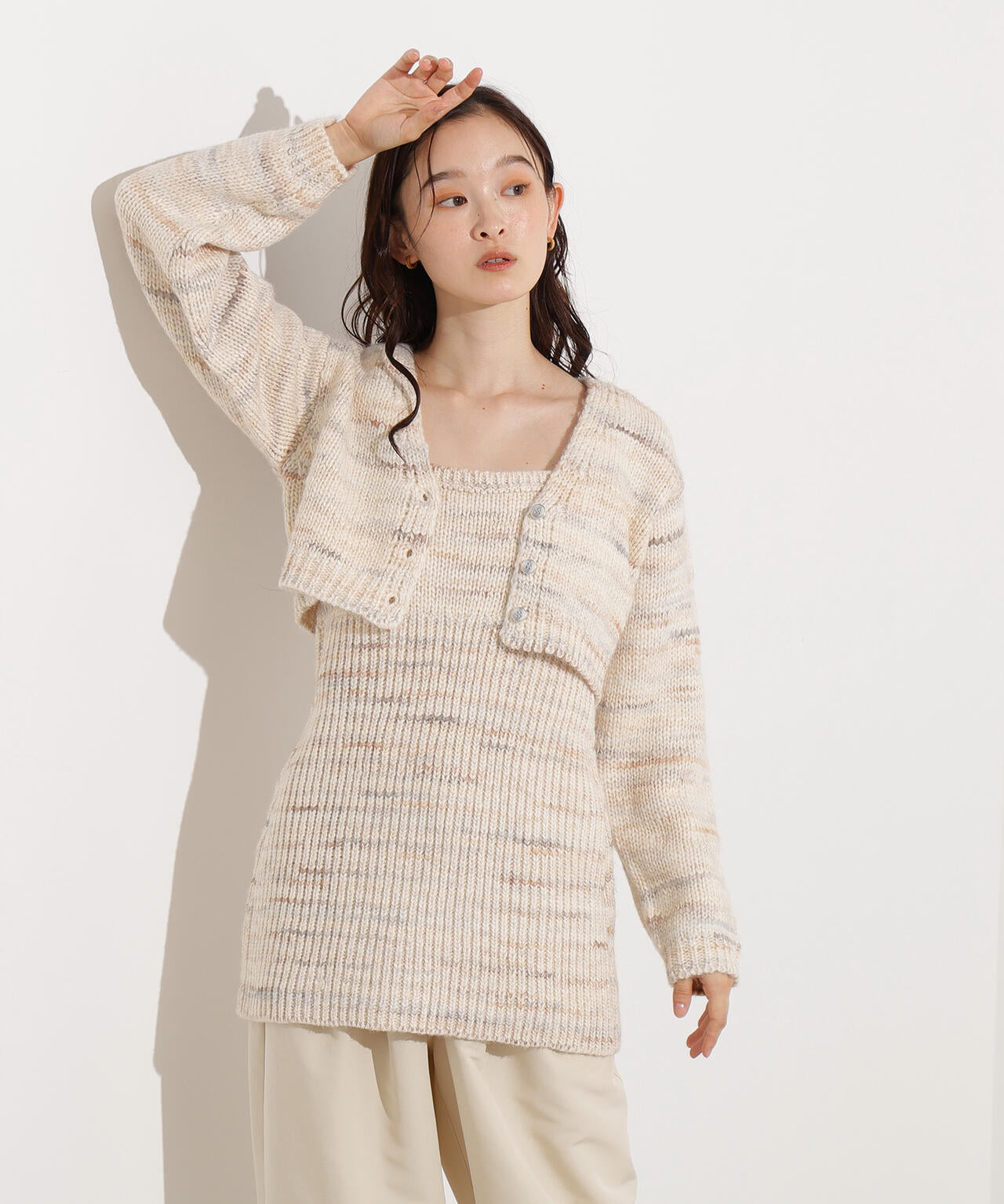 ミックスカラーチュニック&ショートカーディガン