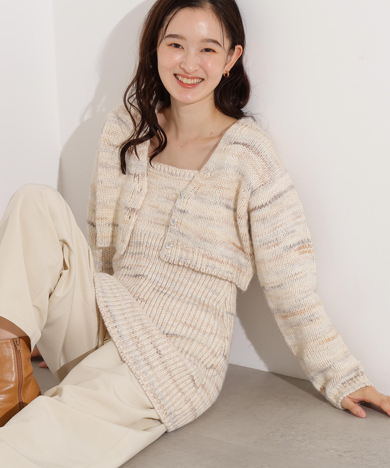 ミックスカラーチュニック&ショートカーディガン