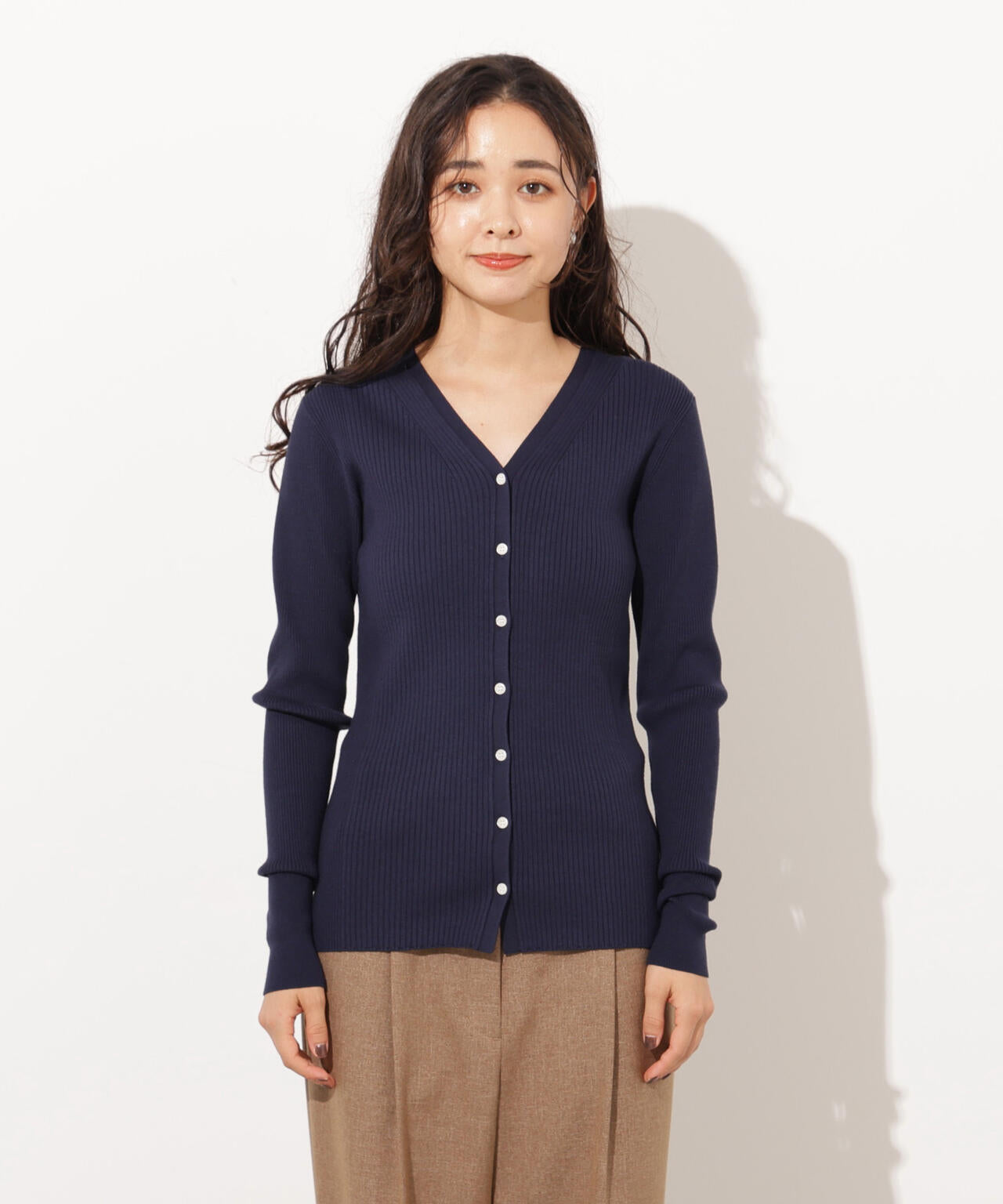 Vネックリブカーディガン
