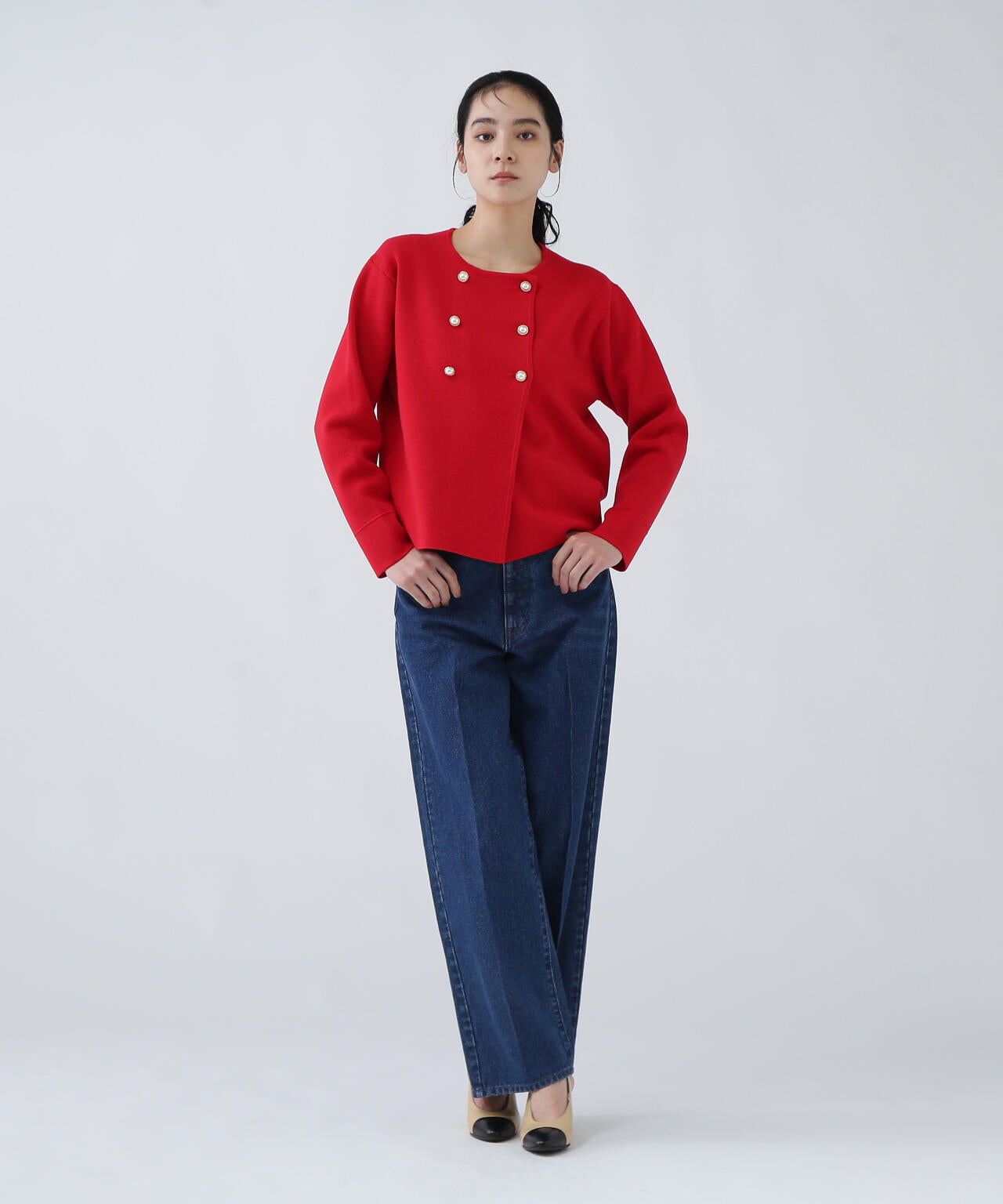 【ユーティリティー】静電気軽減テープ使用Wボタンニットカーディガン