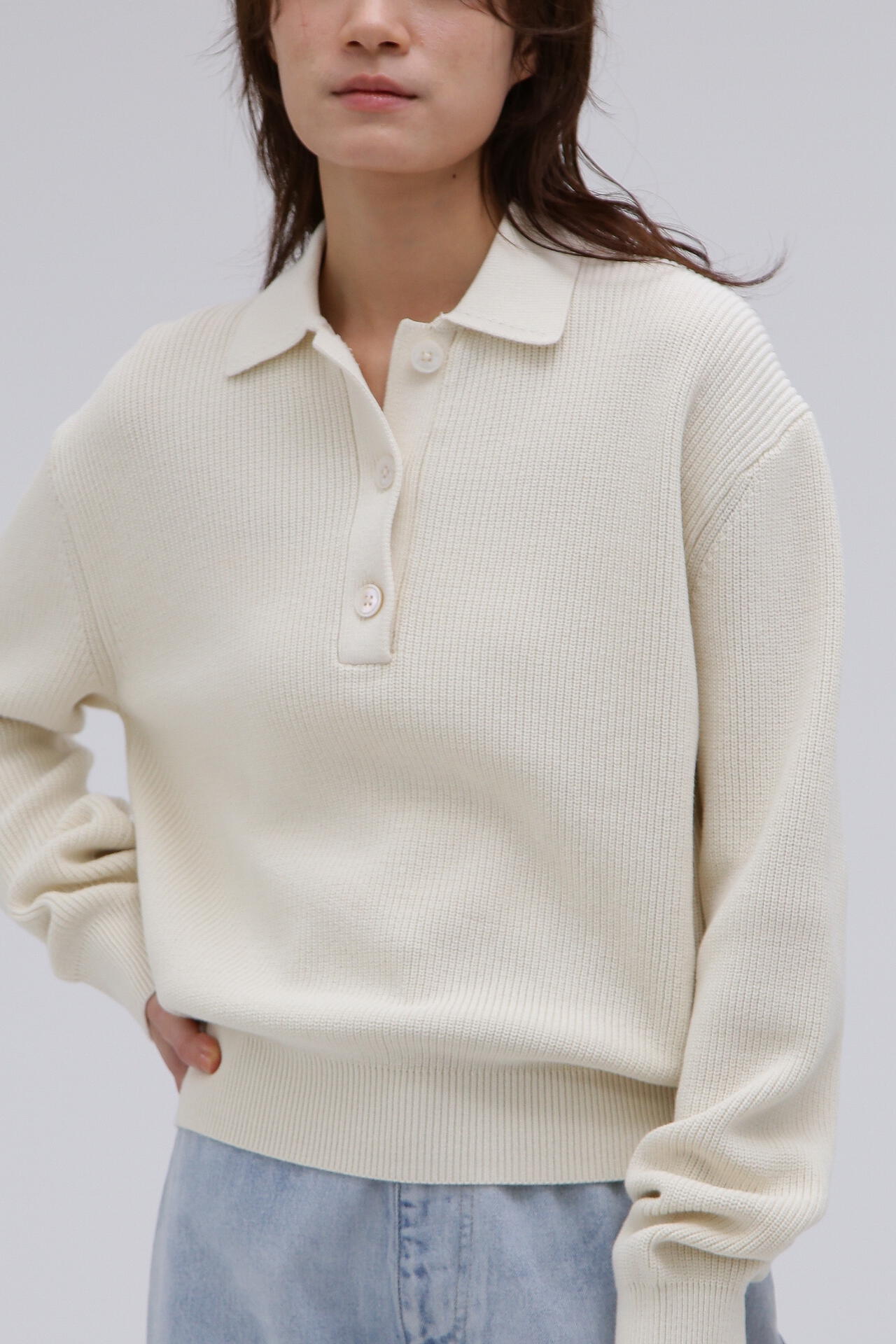 STUDIO NICHOLSON / DRY COTTON RIB 7G RIB LONG SLEEVE POLO