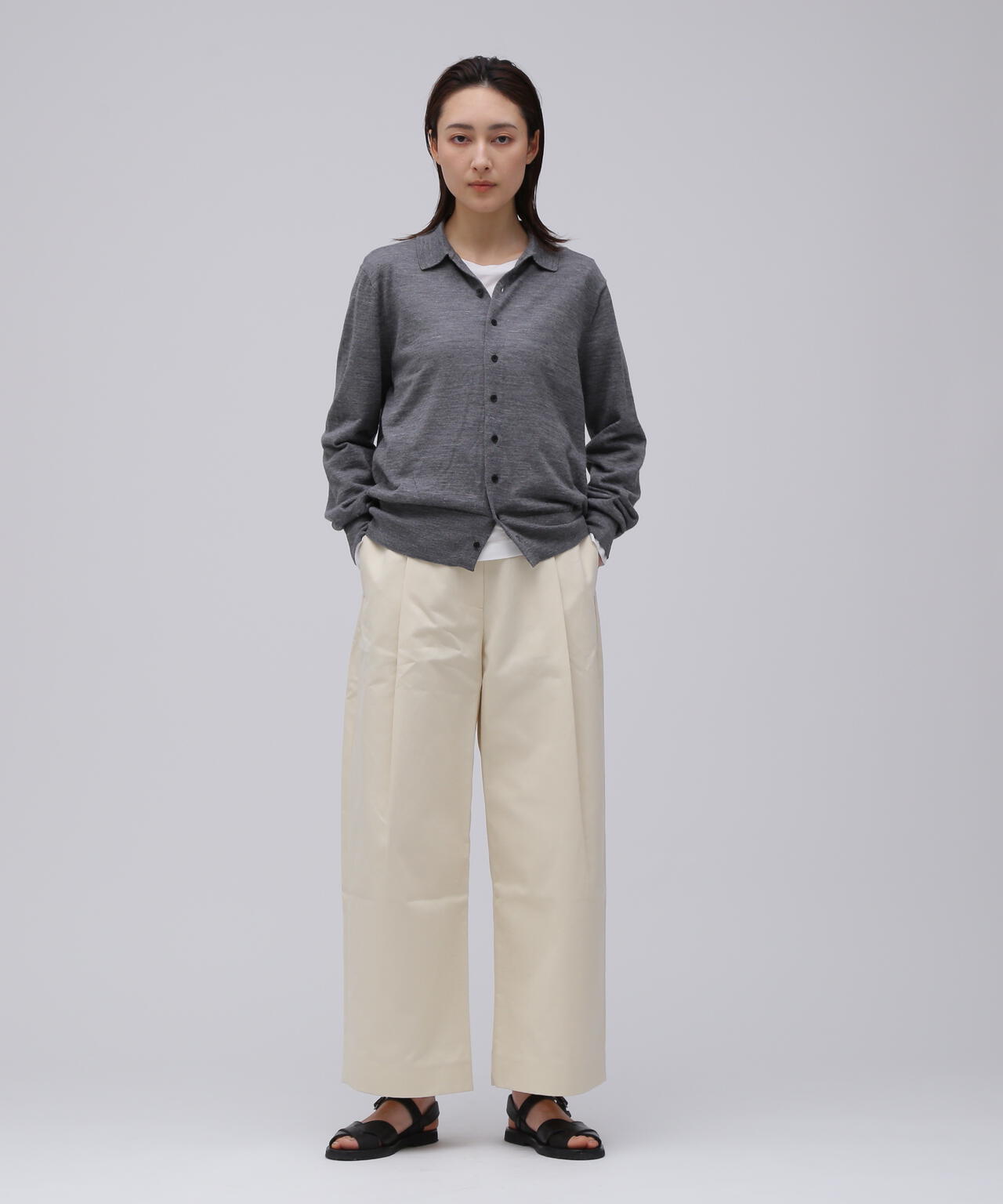 ATON / RAMIE WOOL POLO KNIT CARDIGAN