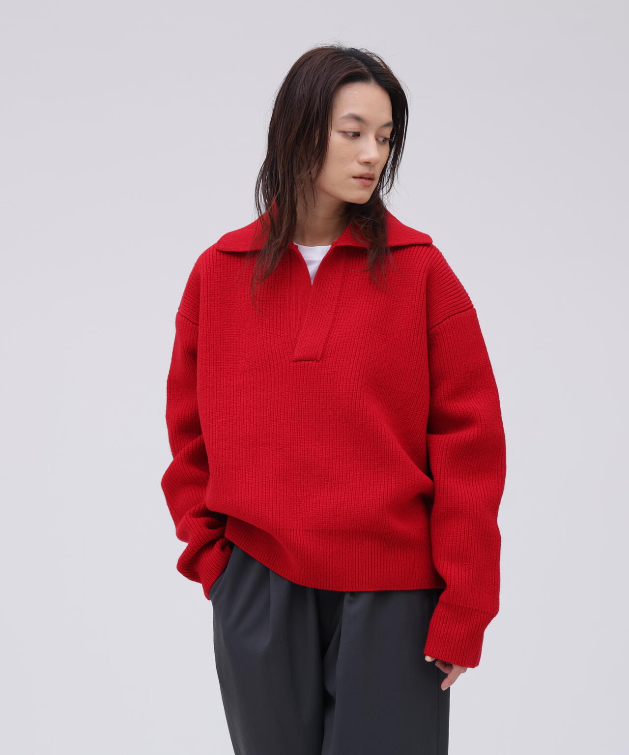 STUDIO NICHOLSON / LAMBSWOOL RIB POLO COLLAR JUMPER