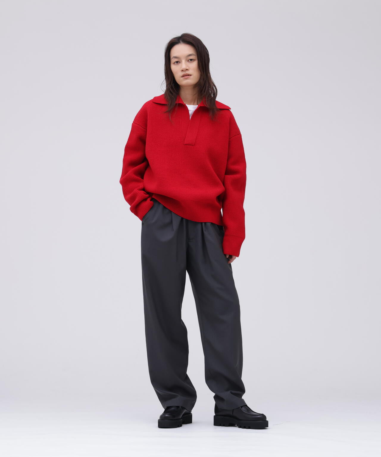 STUDIO NICHOLSON / LAMBSWOOL RIB POLO COLLAR JUMPER