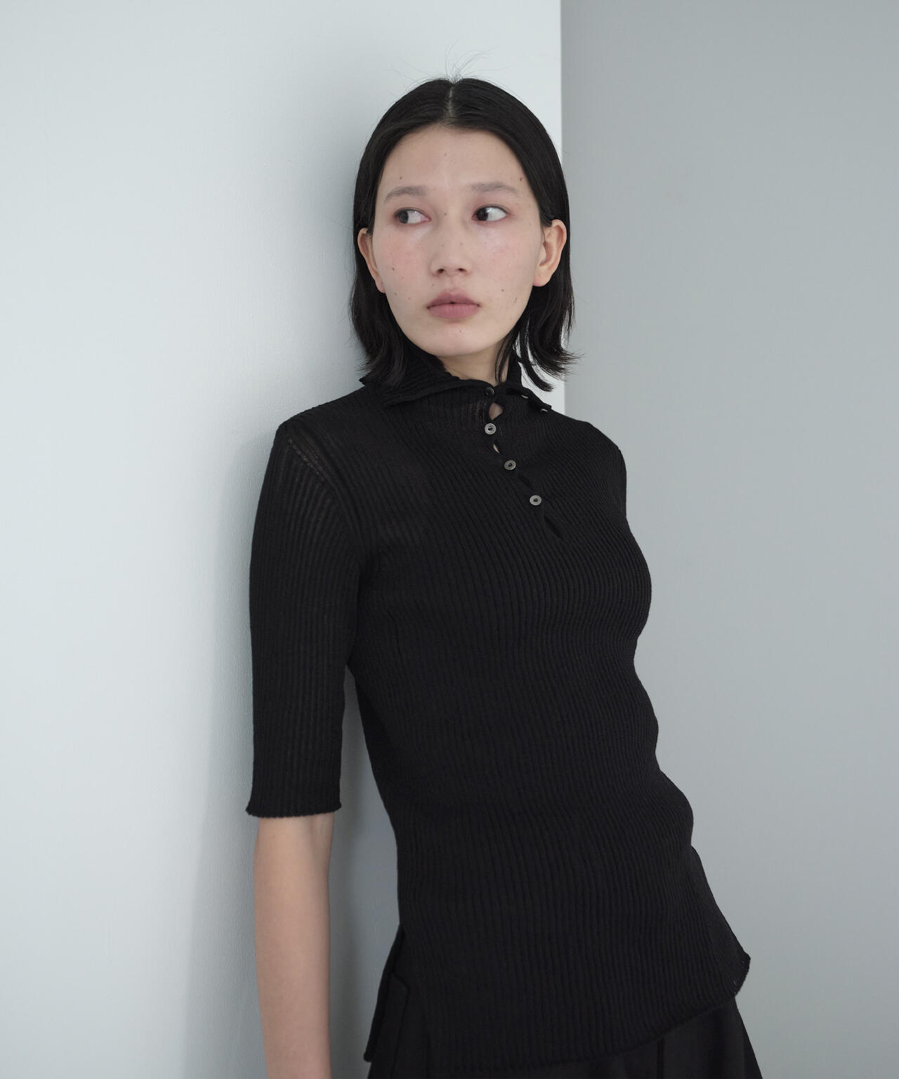 IRENISA / HALF-SLEEVED RIB KNIT PULLOVER