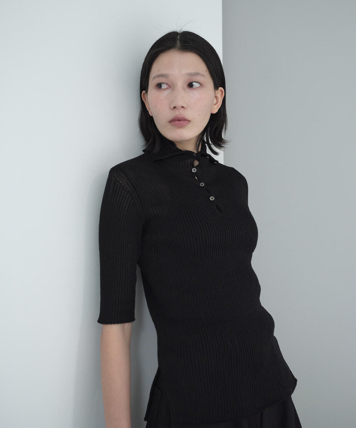 IRENISA / HALF-SLEEVED RIB KNIT PULLOVER