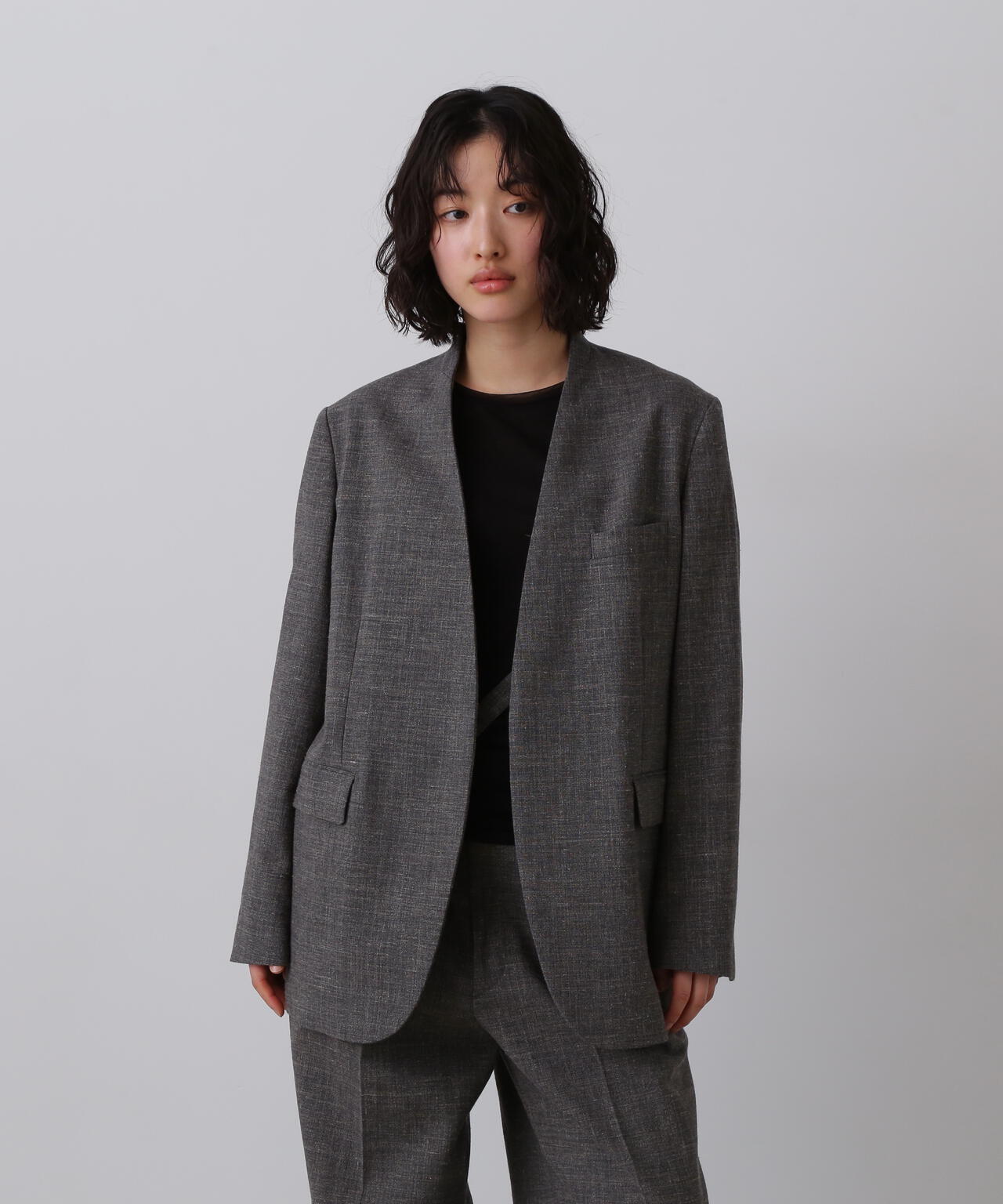 YLEVE / WOOL LINEN COLLARLESS JACKET