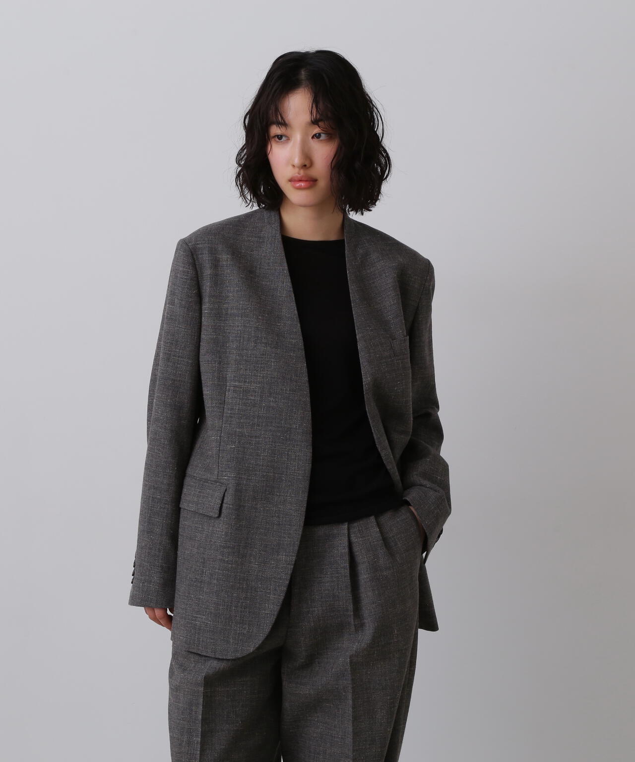 YLEVE / WOOL LINEN COLLARLESS JACKET