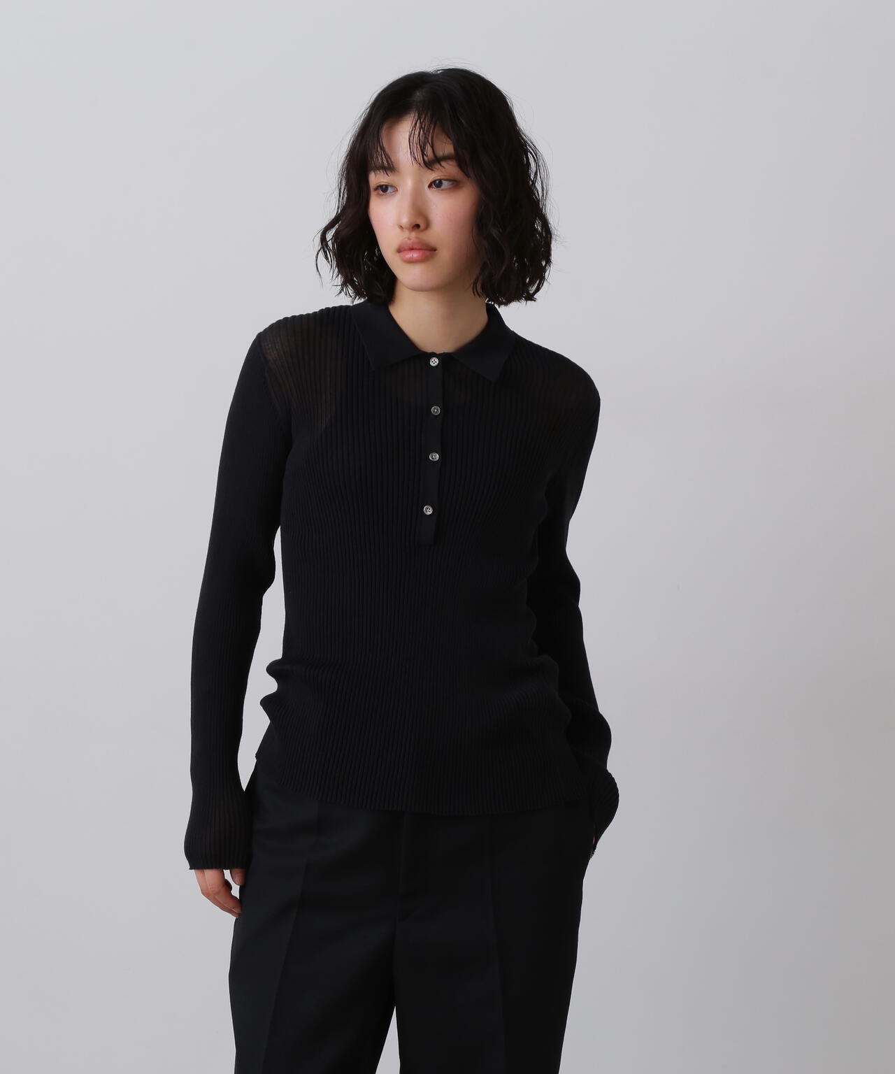 YLÈVE / SHEER RIB KNIT LONG SLEEVE POLO