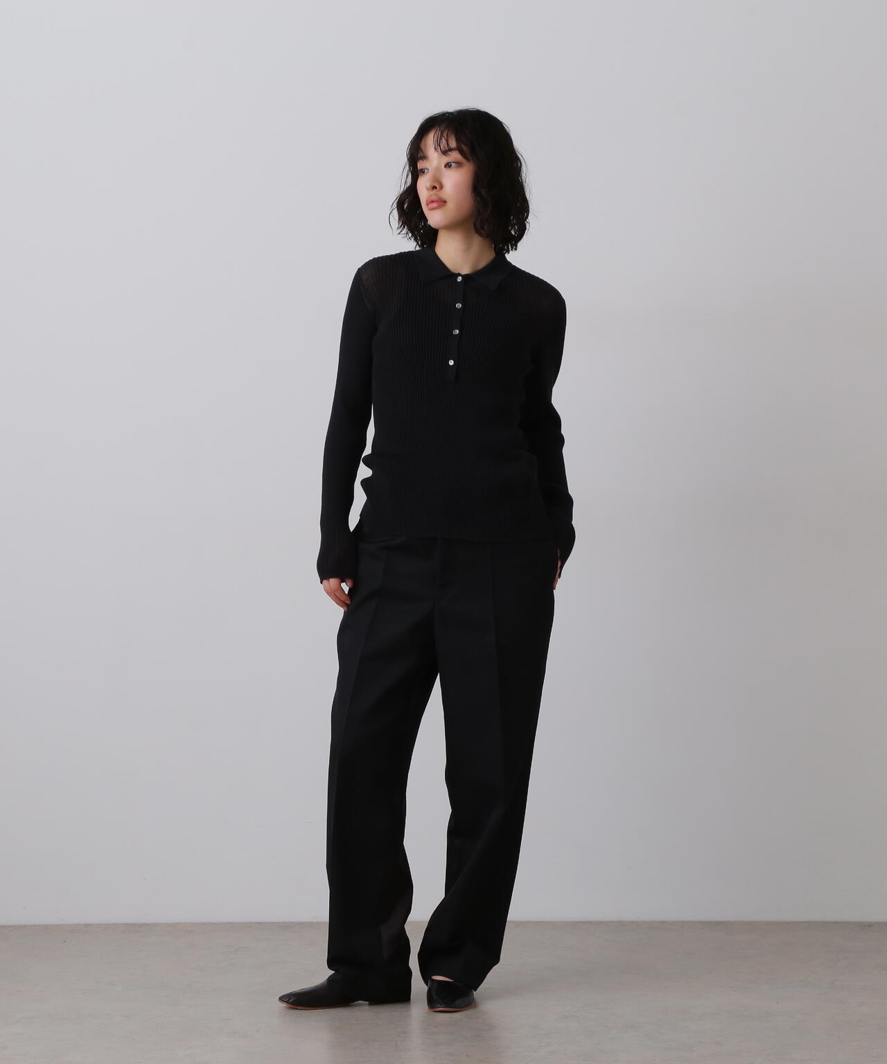 YLÈVE / SHEER RIB KNIT LONG SLEEVE POLO