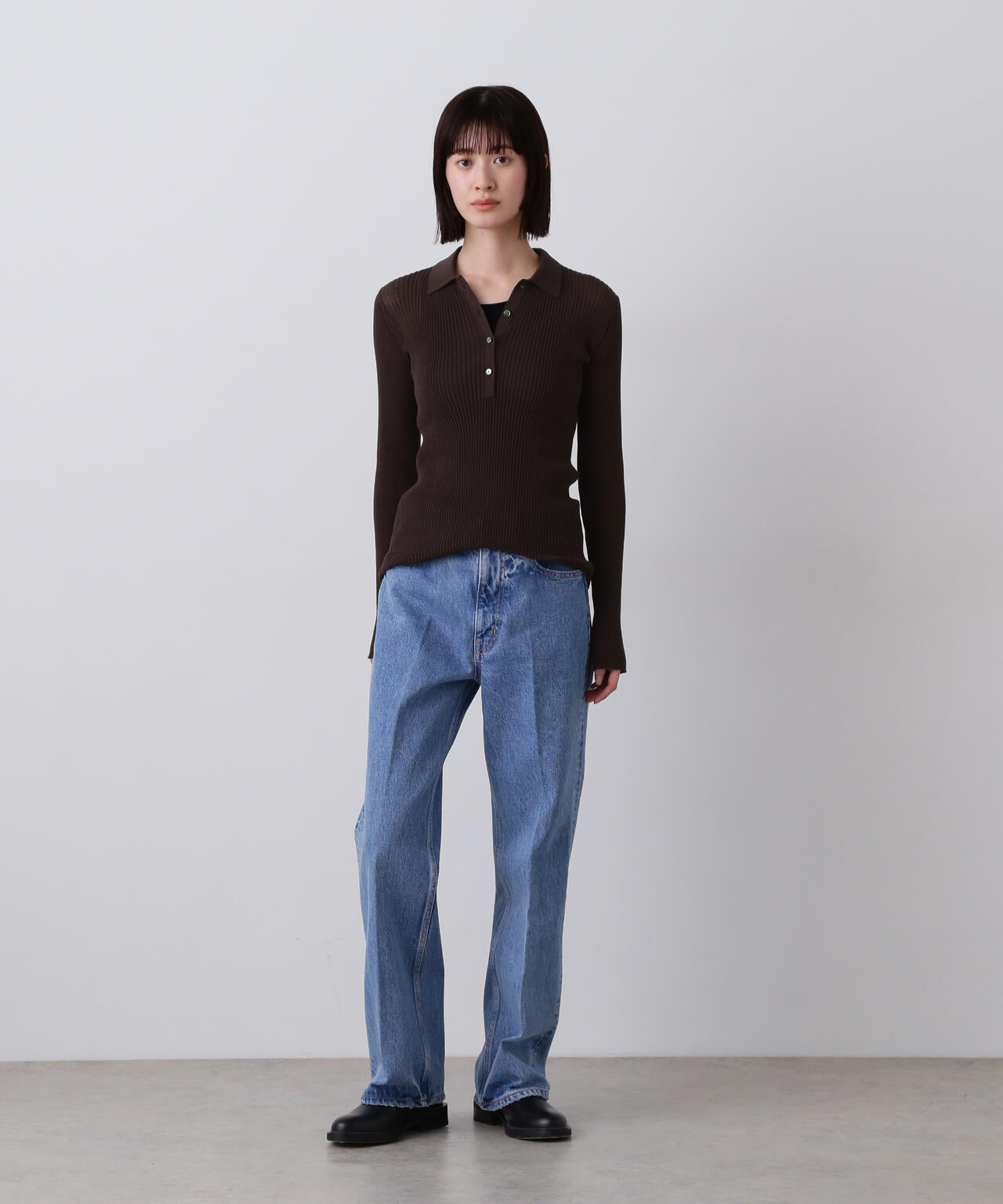 YLÈVE / SHEER RIB KNIT LONG SLEEVE POLO