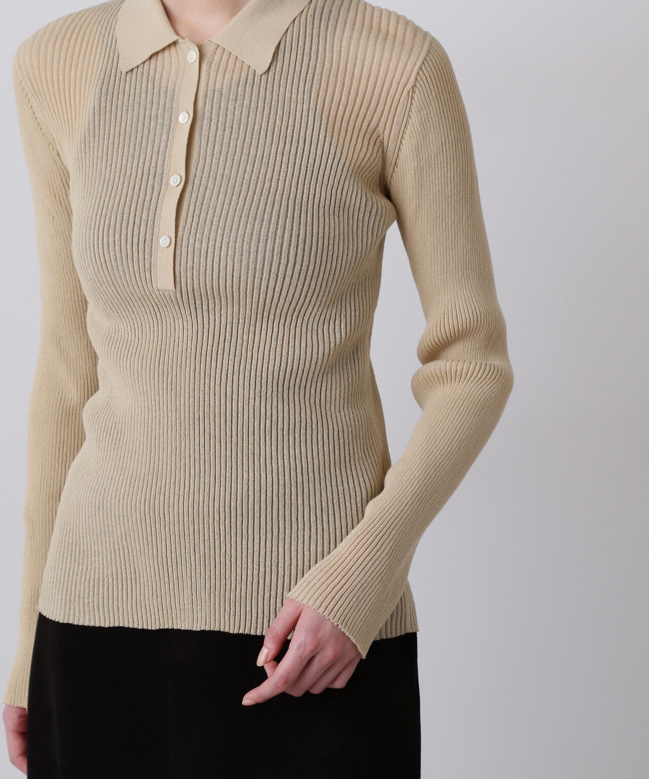 YLÈVE / SHEER RIB KNIT LONG SLEEVE POLO