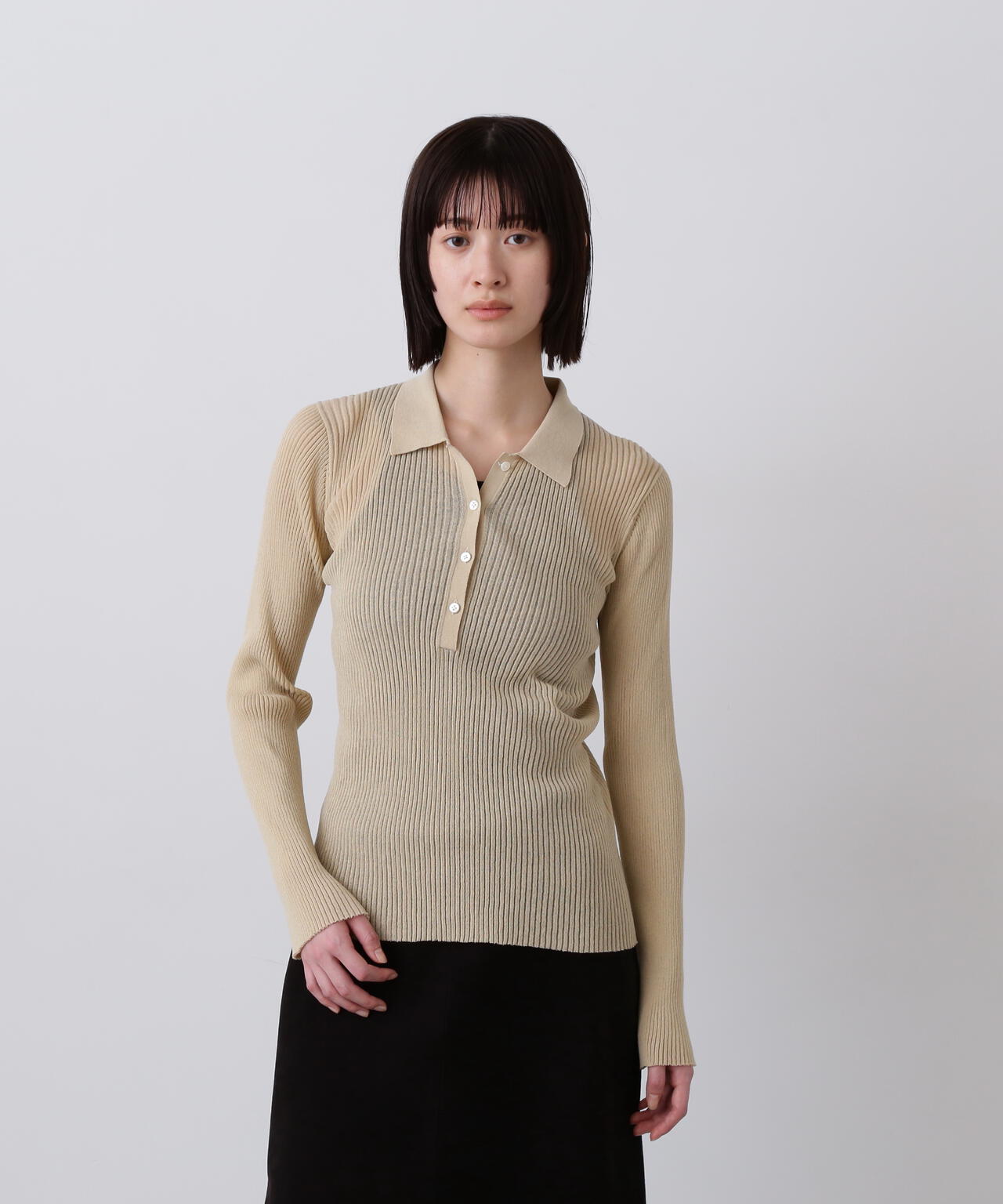 YLÈVE / SHEER RIB KNIT LONG SLEEVE POLO