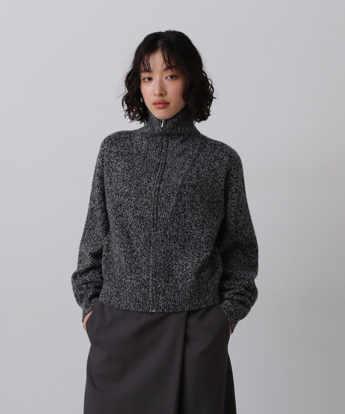YLEVE / WOOL CASHMERE MELANGE KNIT FULL ZIP PULL OVER