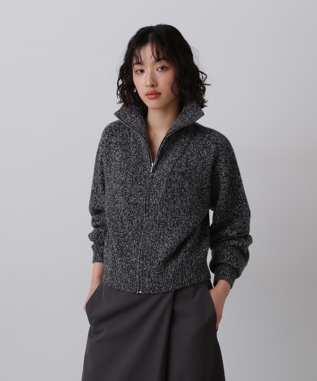 YLEVE / WOOL CASHMERE MELANGE KNIT FULL ZIP PULL OVER