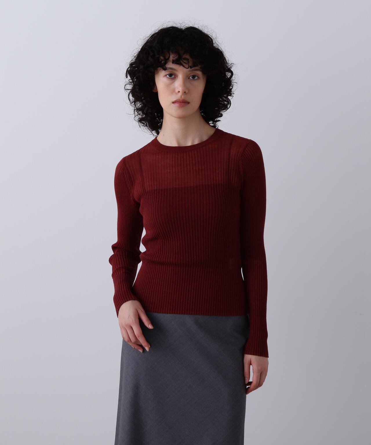 YLEVE / SHEER RIB KNIT LONG SLEEVE PULLOVER