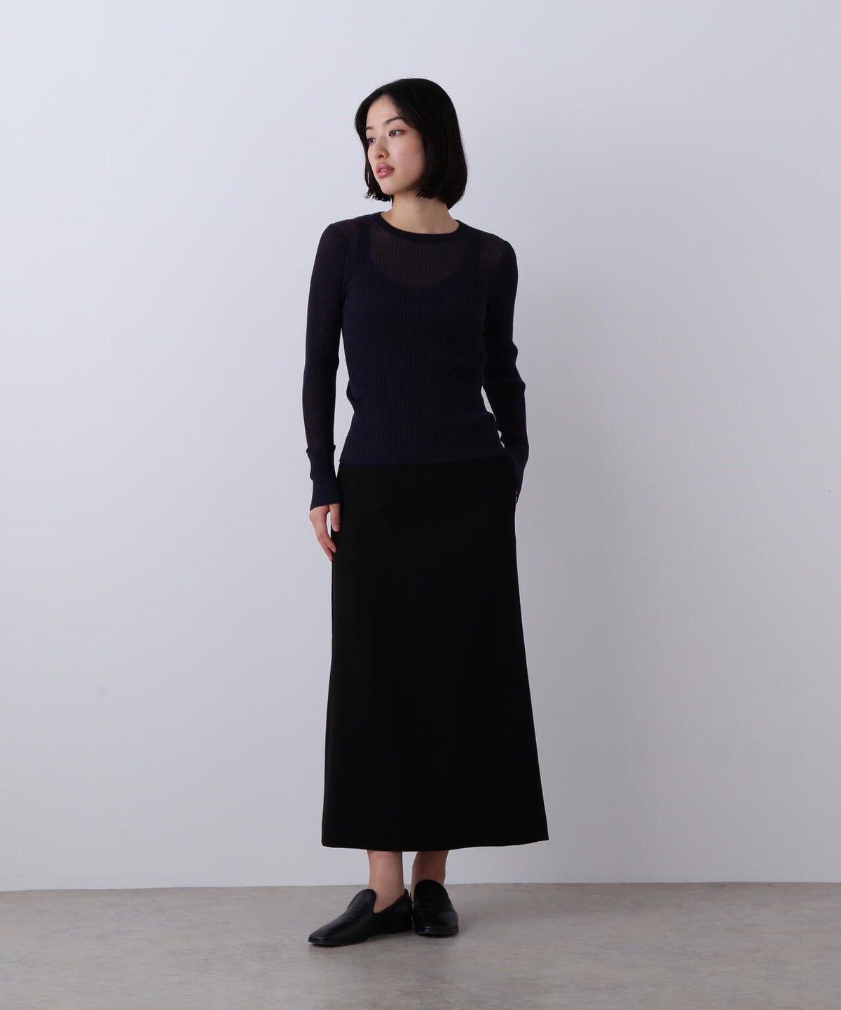YLEVE / SHEER RIB KNIT LONG SLEEVE PULLOVER