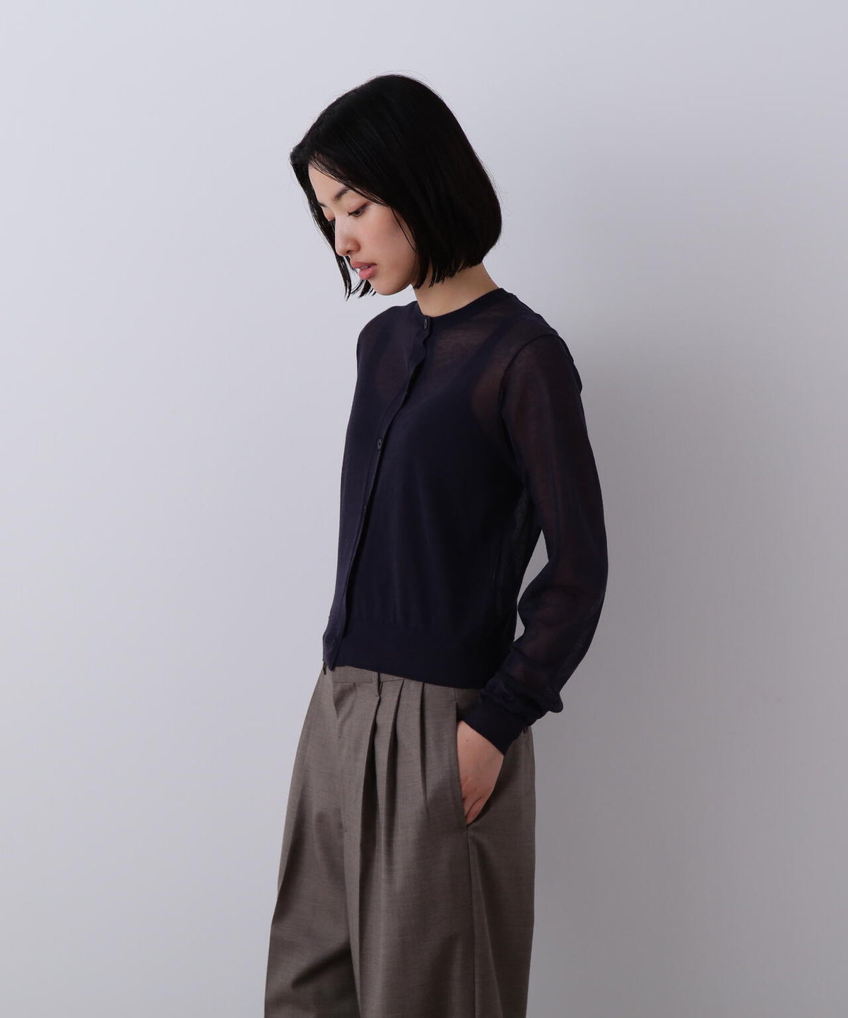 YLEVE / SHEER RIB KNIT CARDIGAN