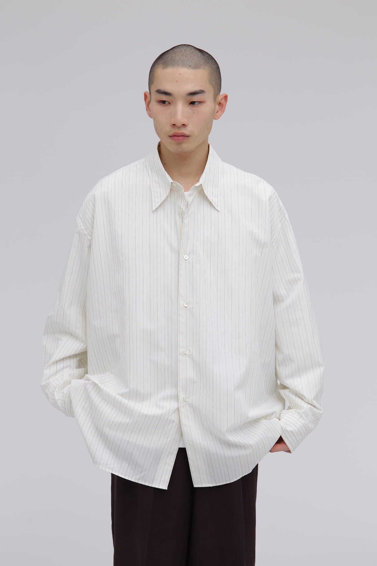 STUDIO NICHOLSON / TICKING STRIPE OVERSIZED FRENCH PLACKET SHIRT