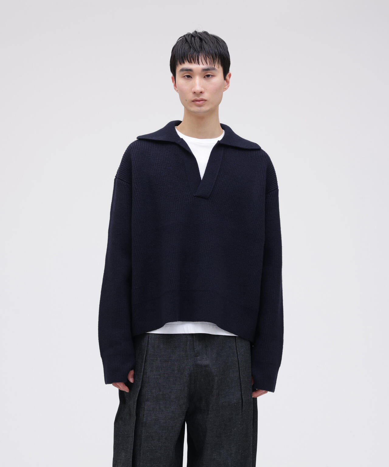 STUDIO NICHOLSON / LAMBSWOOL RIB POLO COLLAR JUMPER