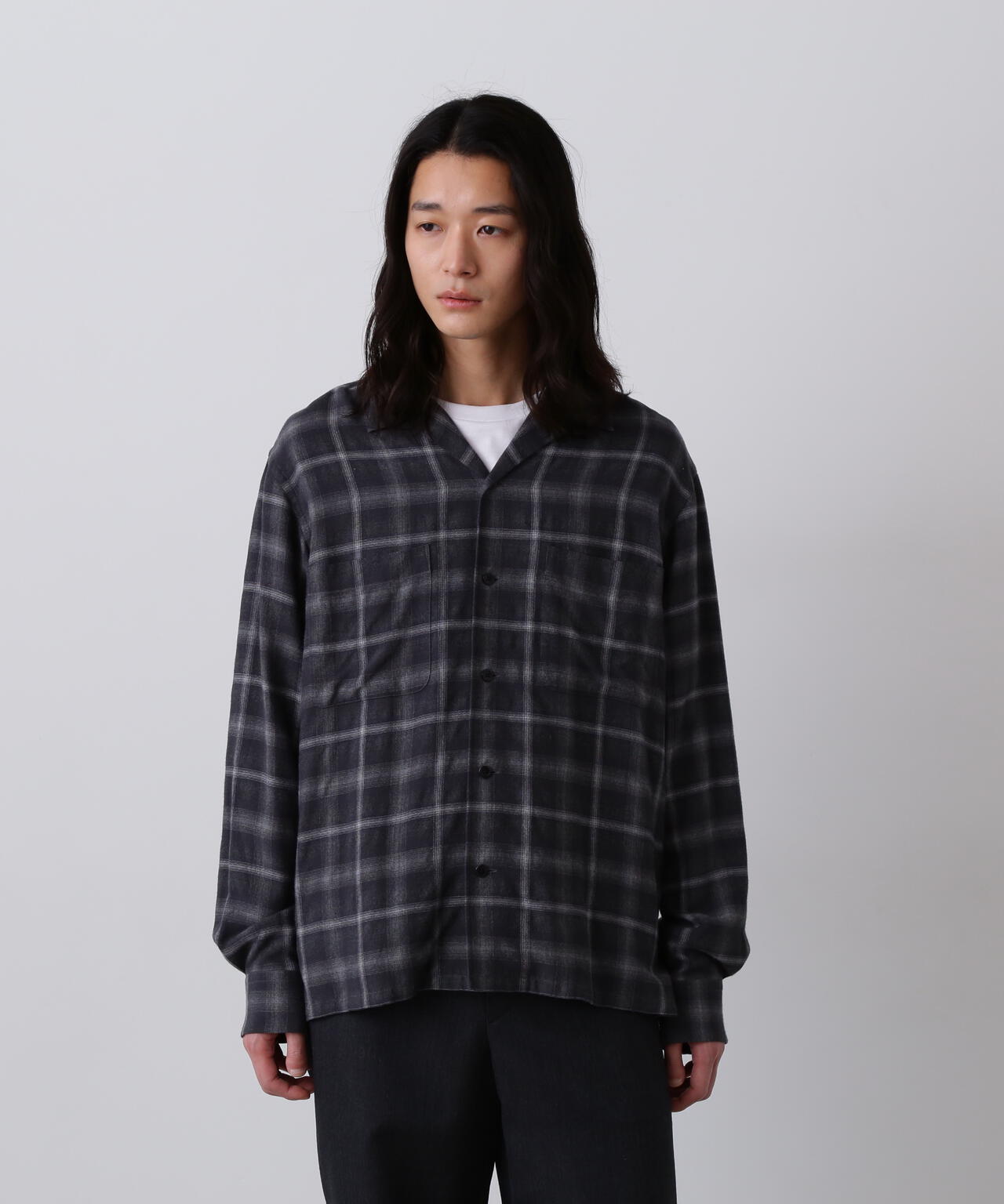 YLÈVE / BRUSHED RAYON CHECK OPEN/COLLAR SHIRT