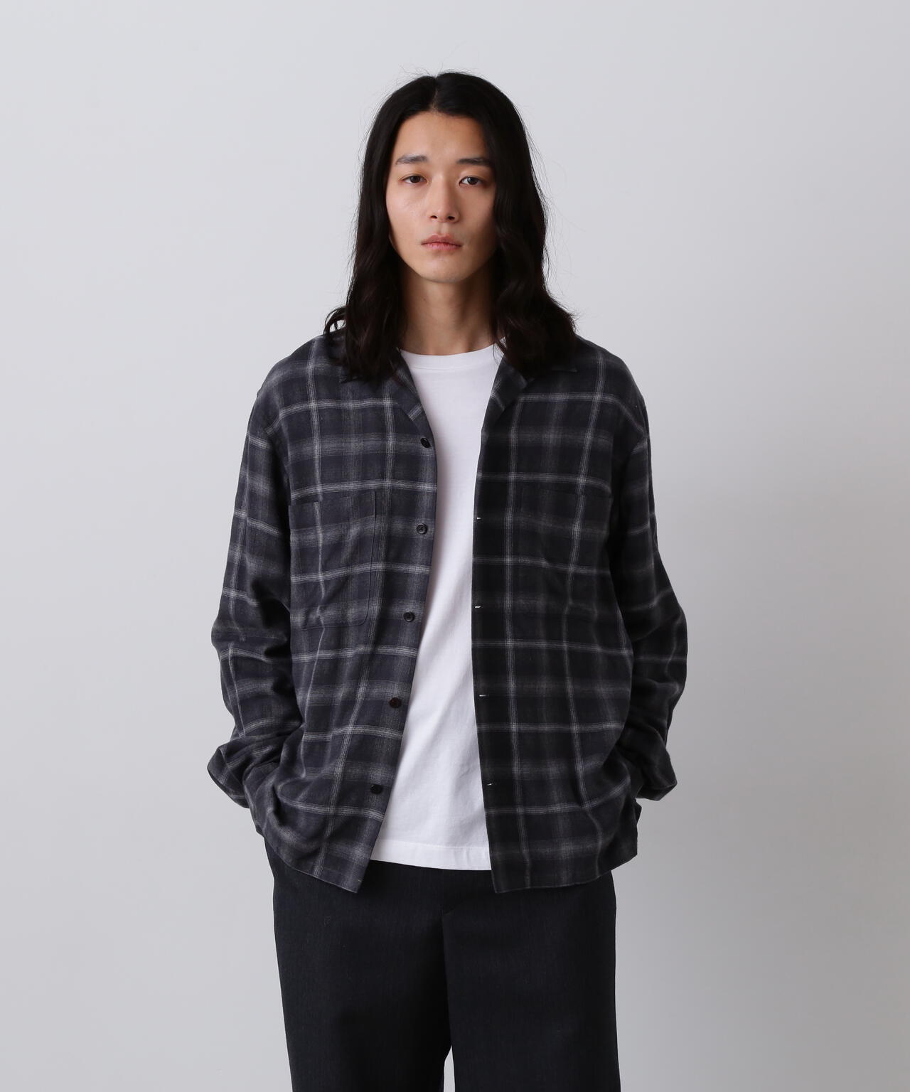 YLÈVE / BRUSHED RAYON CHECK OPEN/COLLAR SHIRT