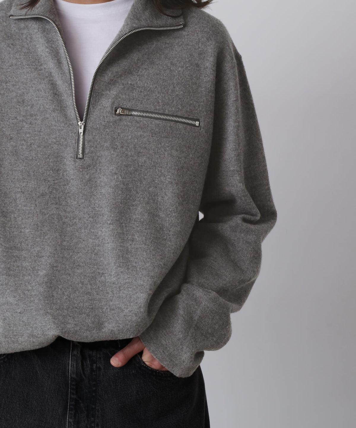 YLEVE / ULTRAFINE MERINO MILLED WOOL KNIT HALF ZIP PULL OVER