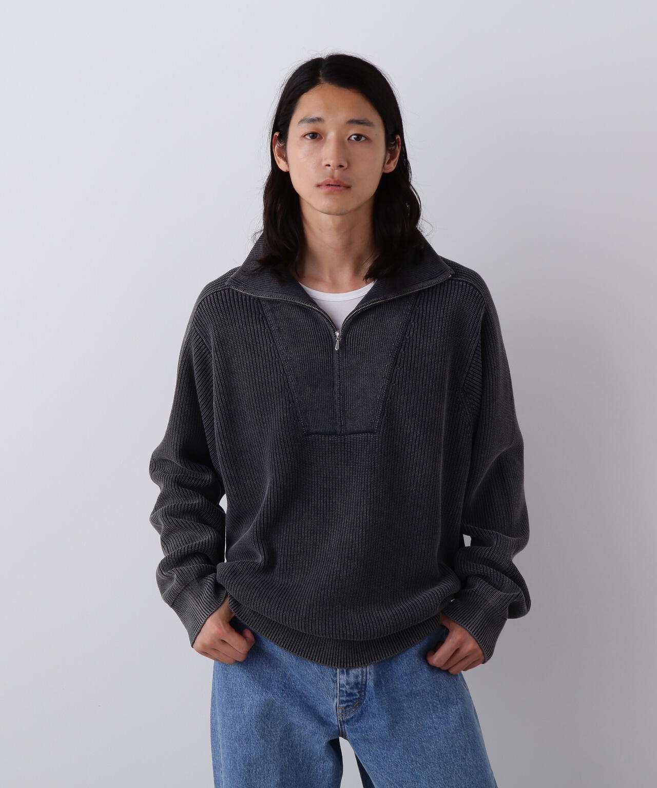 YLEVE / FADED STONEWASH KNIT ZIP PULLOVER