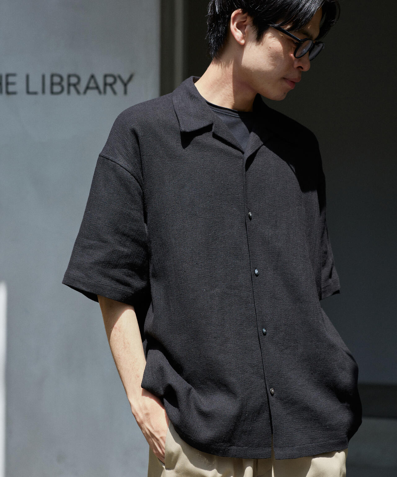 THE LIBRARY / LINEN COTTON OPEN COLLAR SHIRT