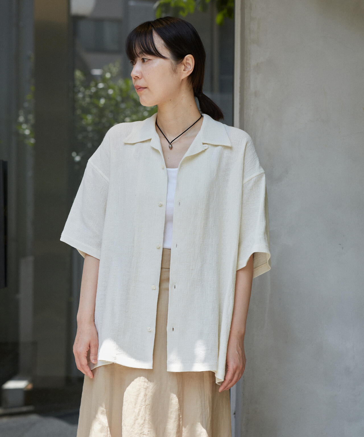 THE LIBRARY / LINEN COTTON OPEN COLLAR SHIRT