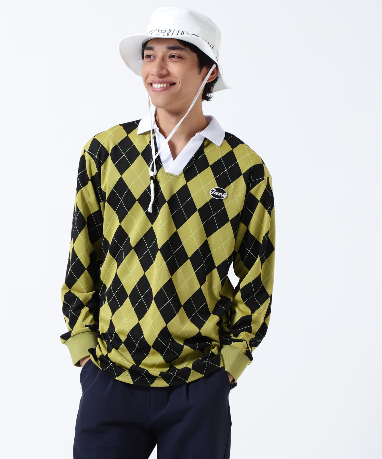 アーガイルジャガード長袖ポロシャツ