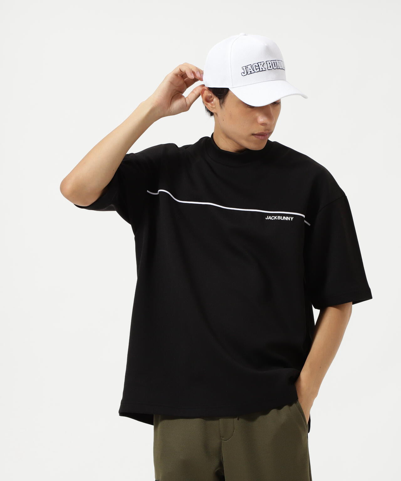 天竺ポンチ五分袖モックネック