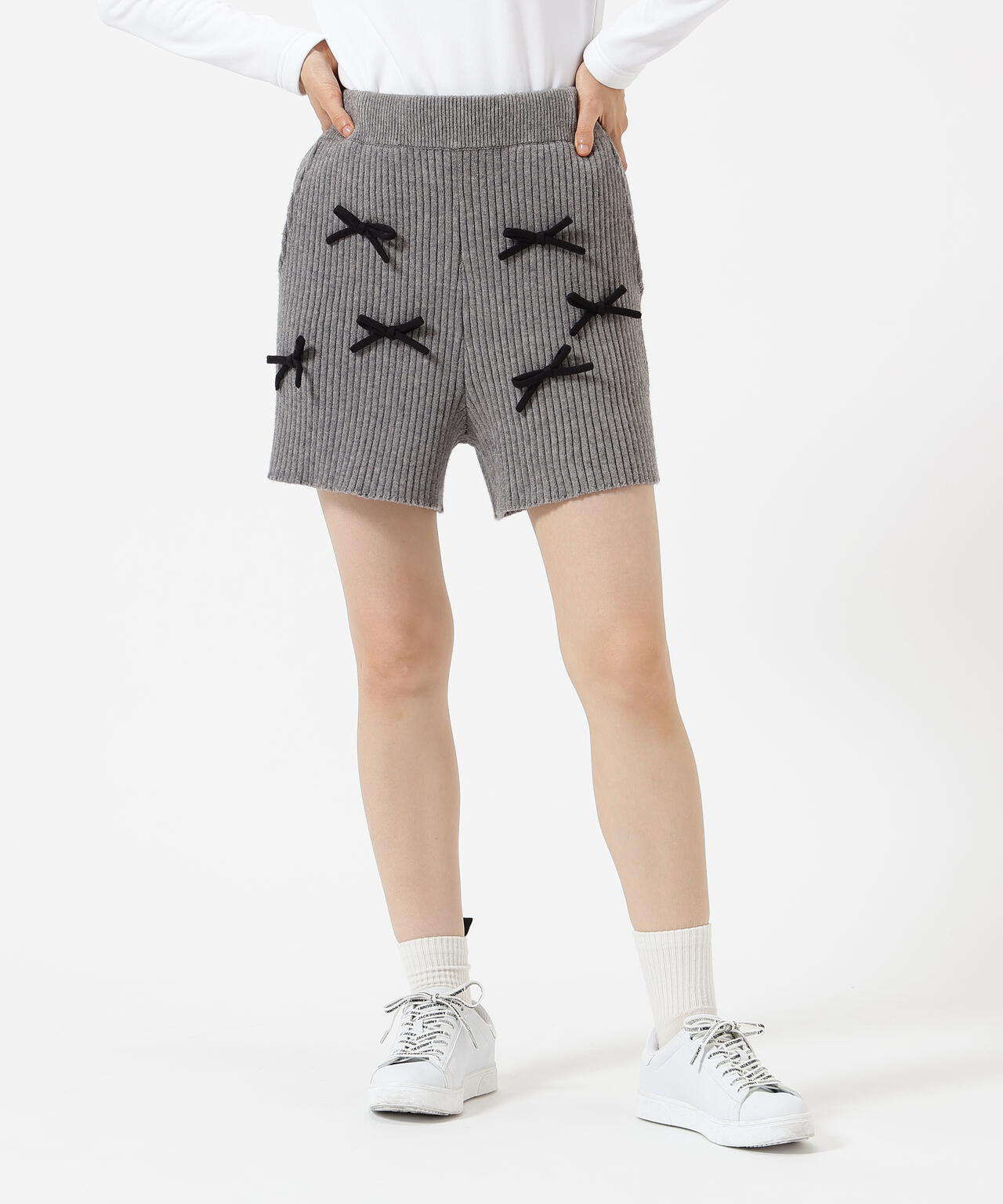 7G2PLY袋編み リボン付きニットショートパンツ