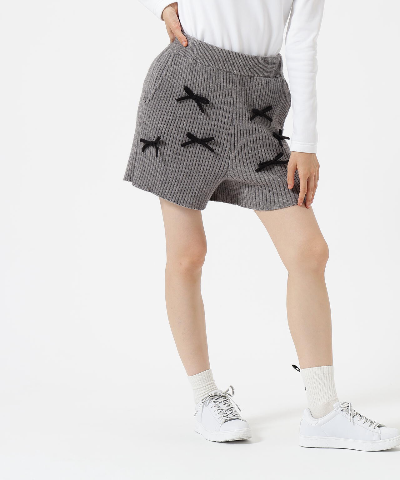 7G2PLY袋編み リボン付きニットショートパンツ