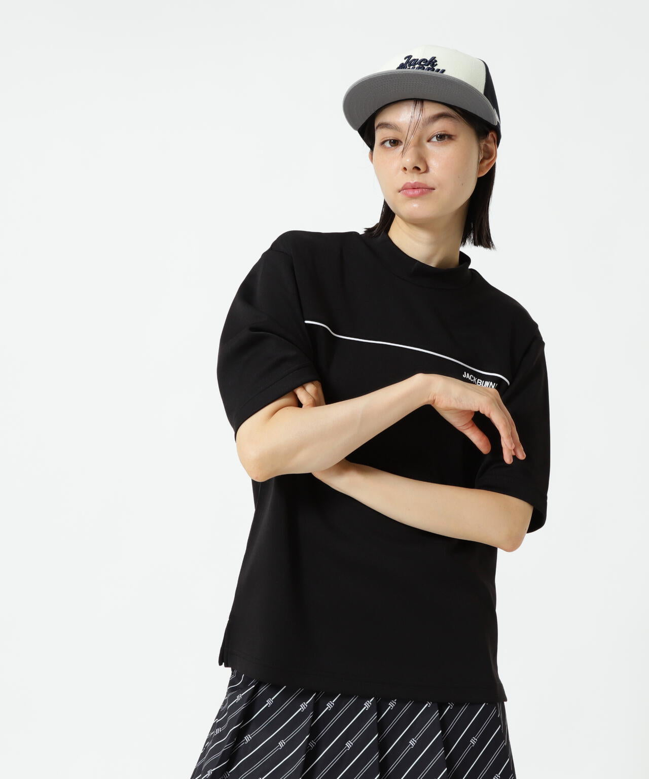 天竺ポンチ五分袖モックネック