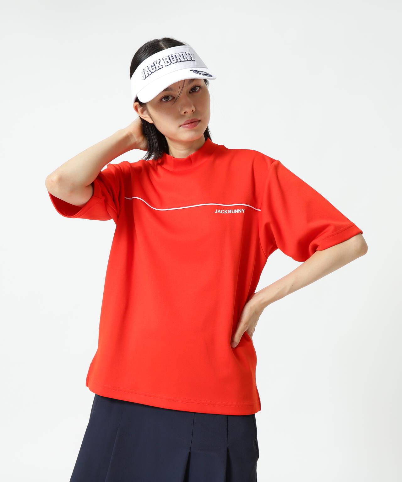 天竺ポンチ五分袖モックネック