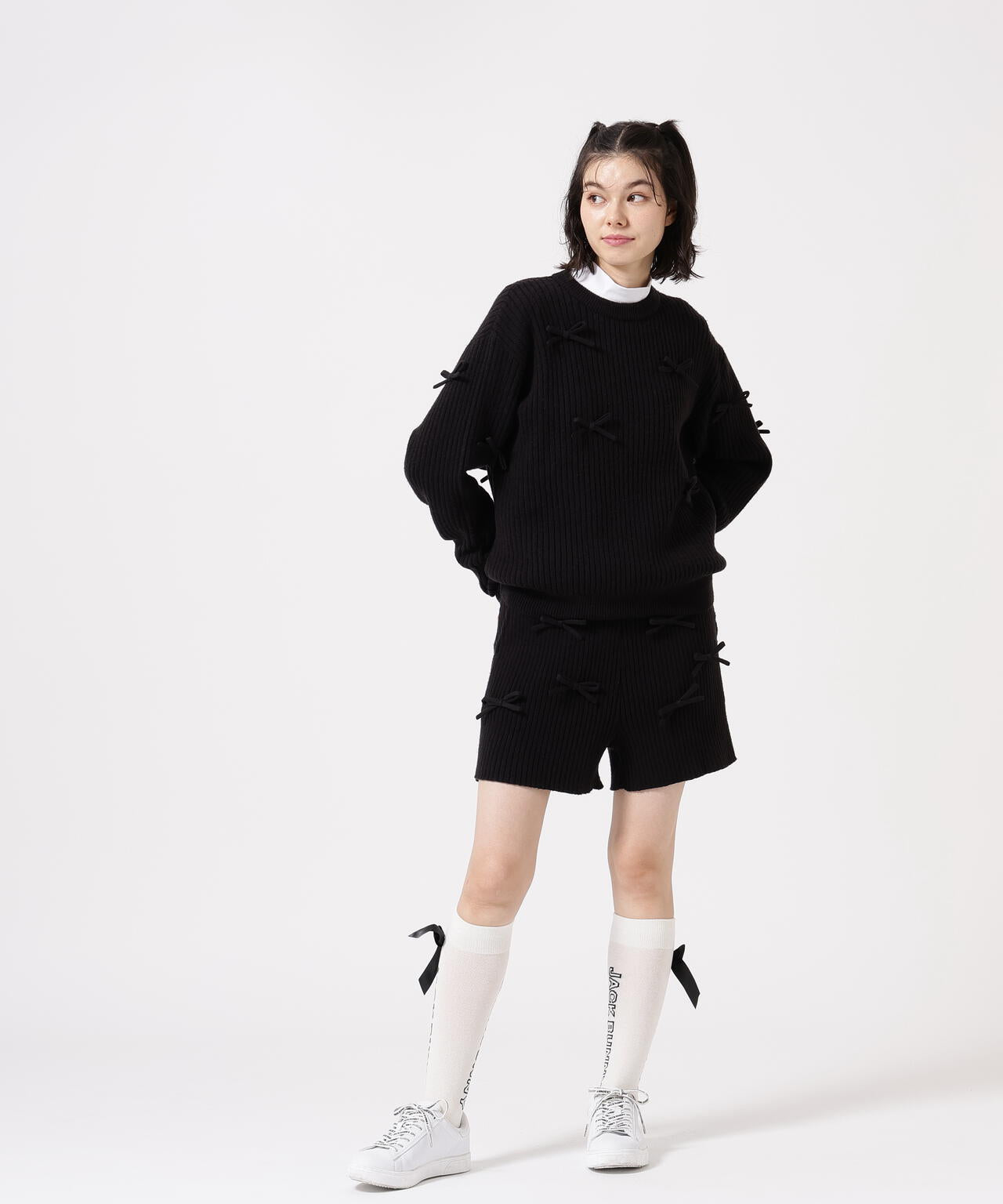 7G2PLY袋編み リボン付きクルーネックニットプルオーバー