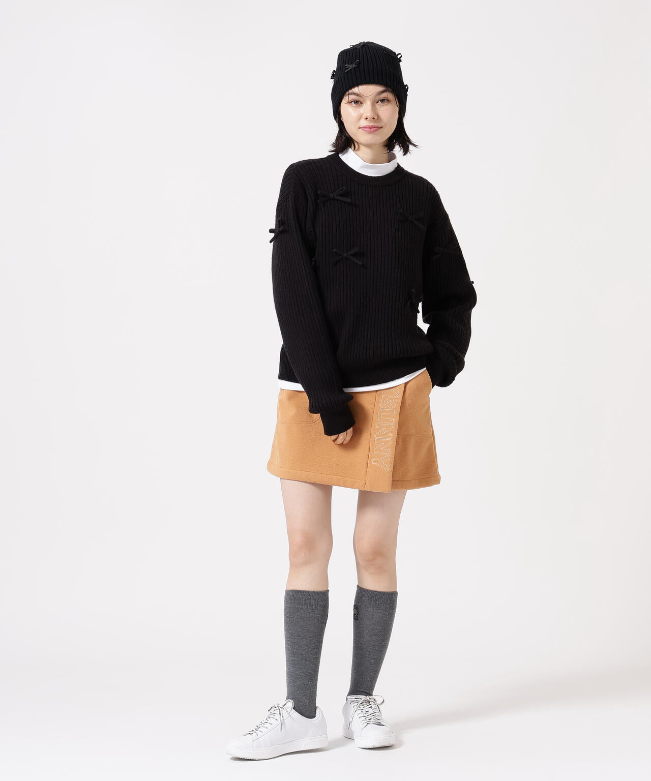 7G2PLY袋編み リボン付きクルーネックニットプルオーバー