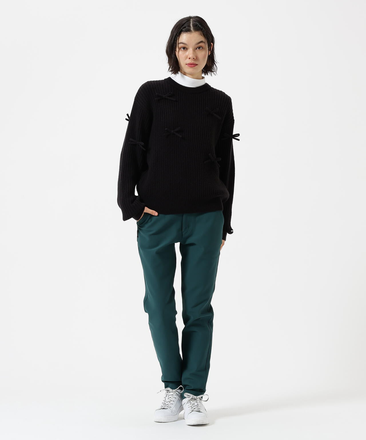 7G2PLY袋編み リボン付きクルーネックニットプルオーバー