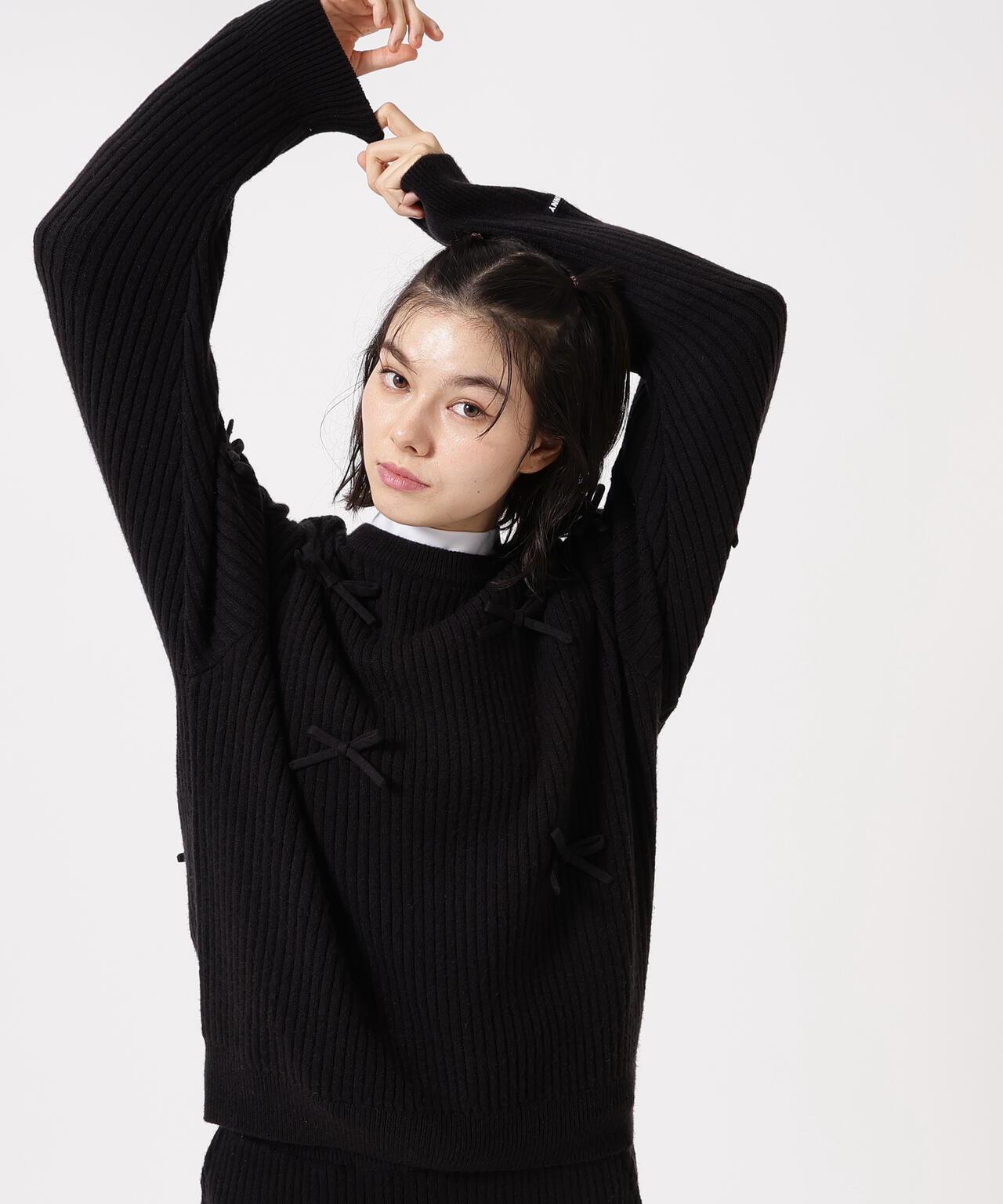 7G2PLY袋編み リボン付きクルーネックニットプルオーバー