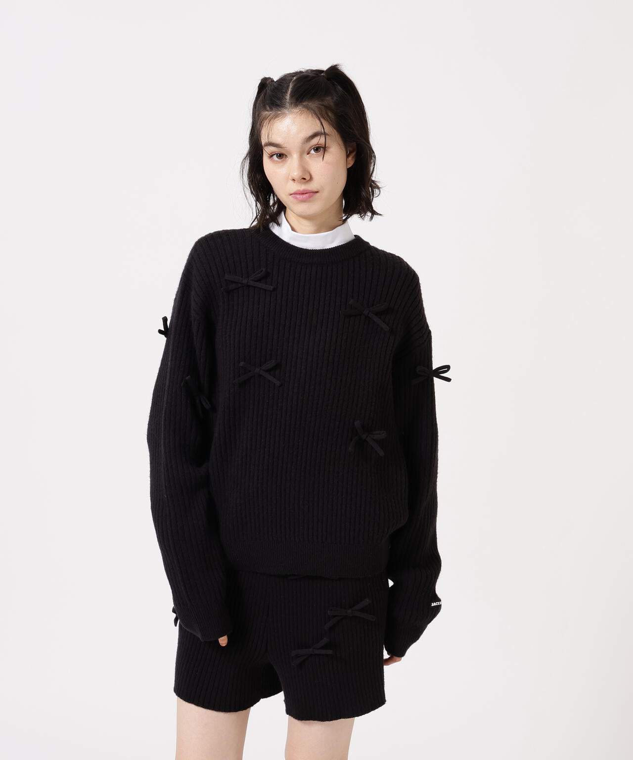 7G2PLY袋編み リボン付きクルーネックニットプルオーバー