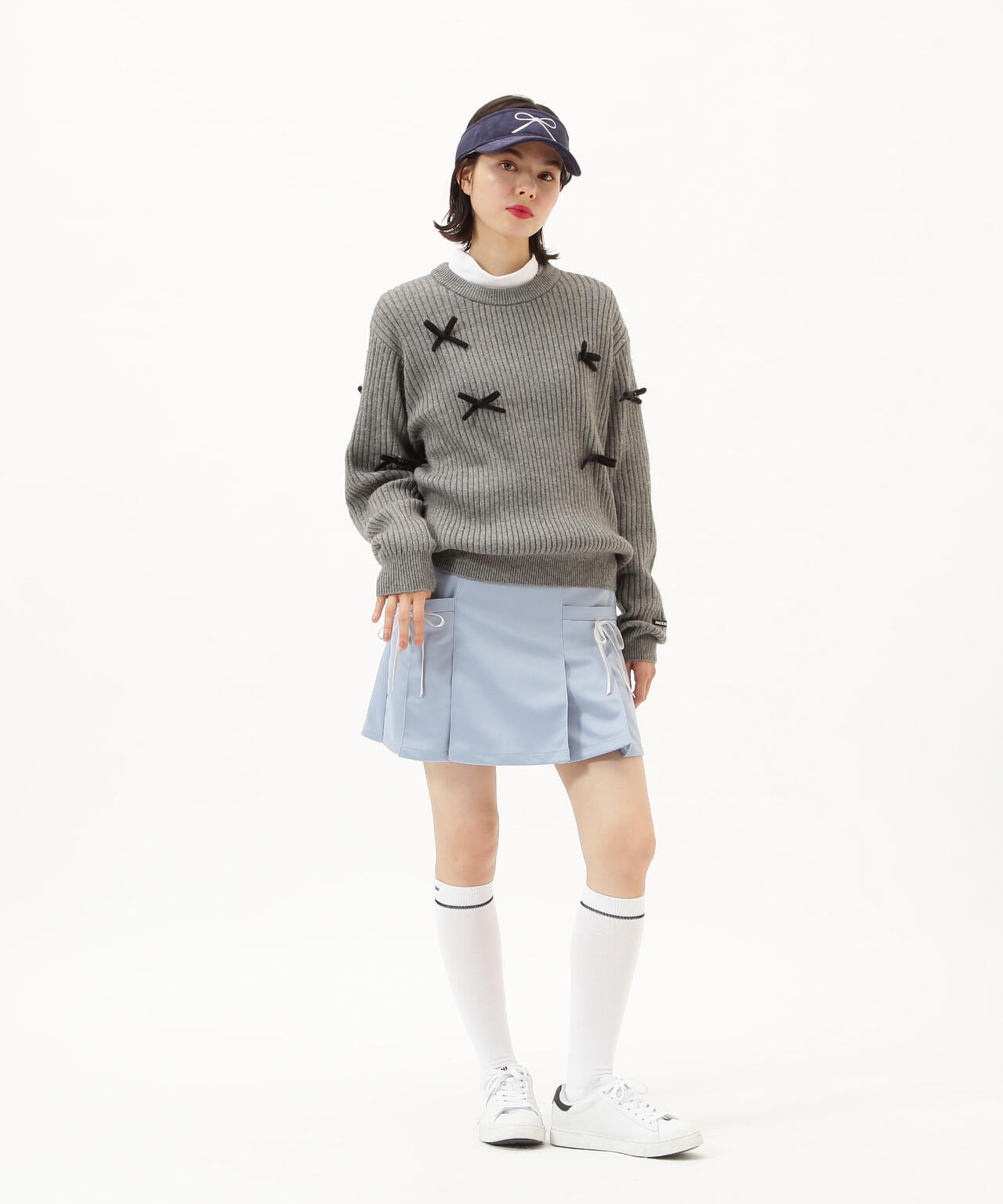 7G2PLY袋編み リボン付きクルーネックニットプルオーバー