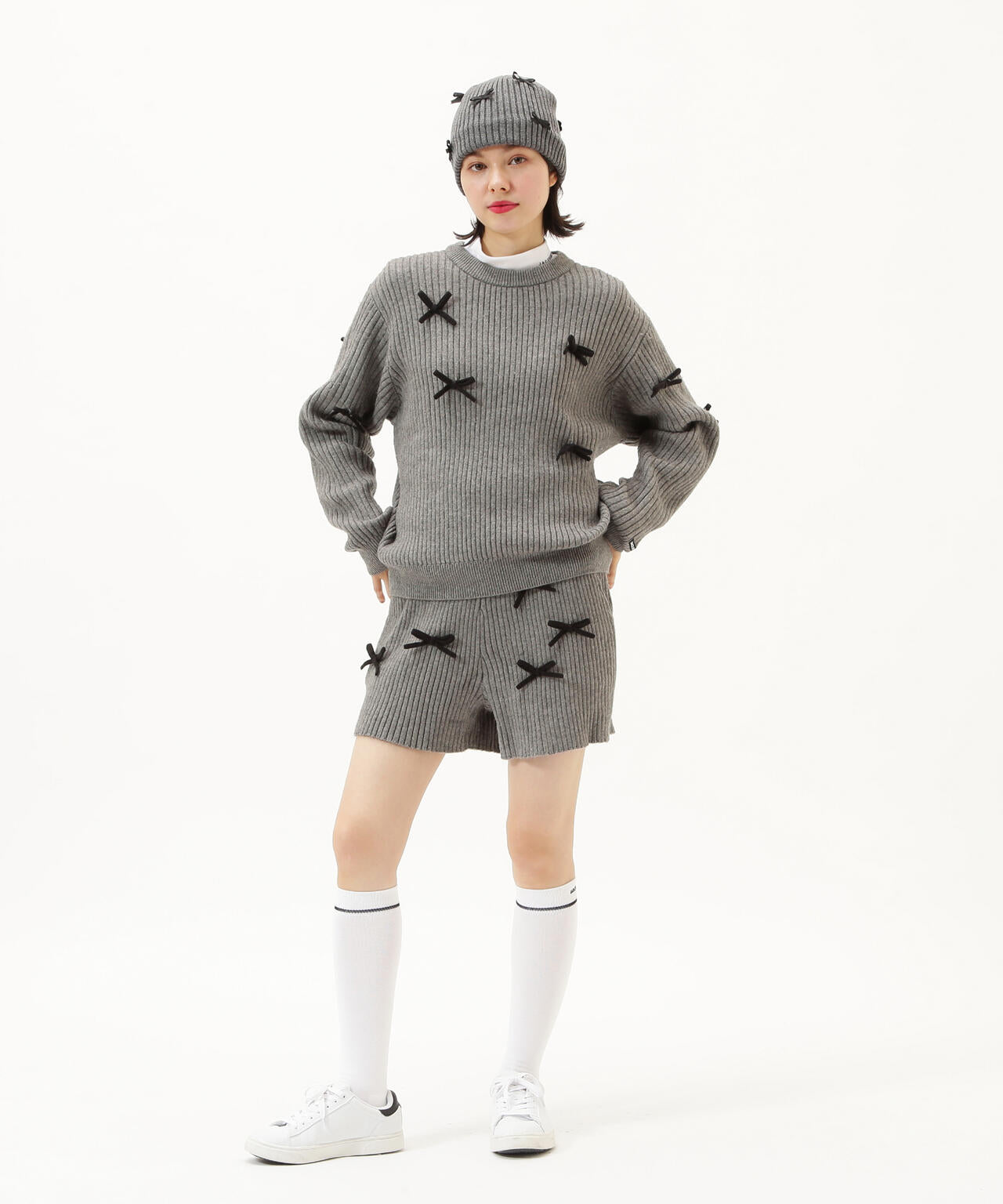 7G2PLY袋編み リボン付きクルーネックニットプルオーバー