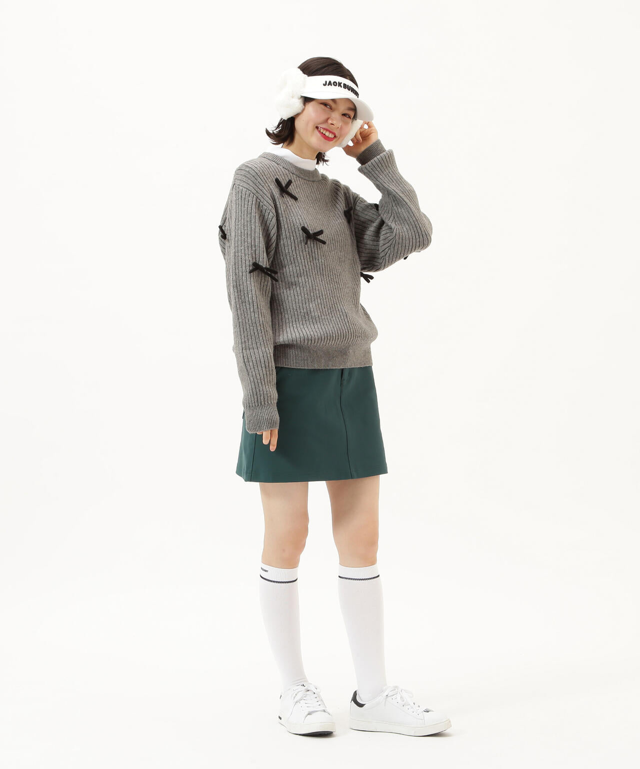 7G2PLY袋編み リボン付きクルーネックニットプルオーバー