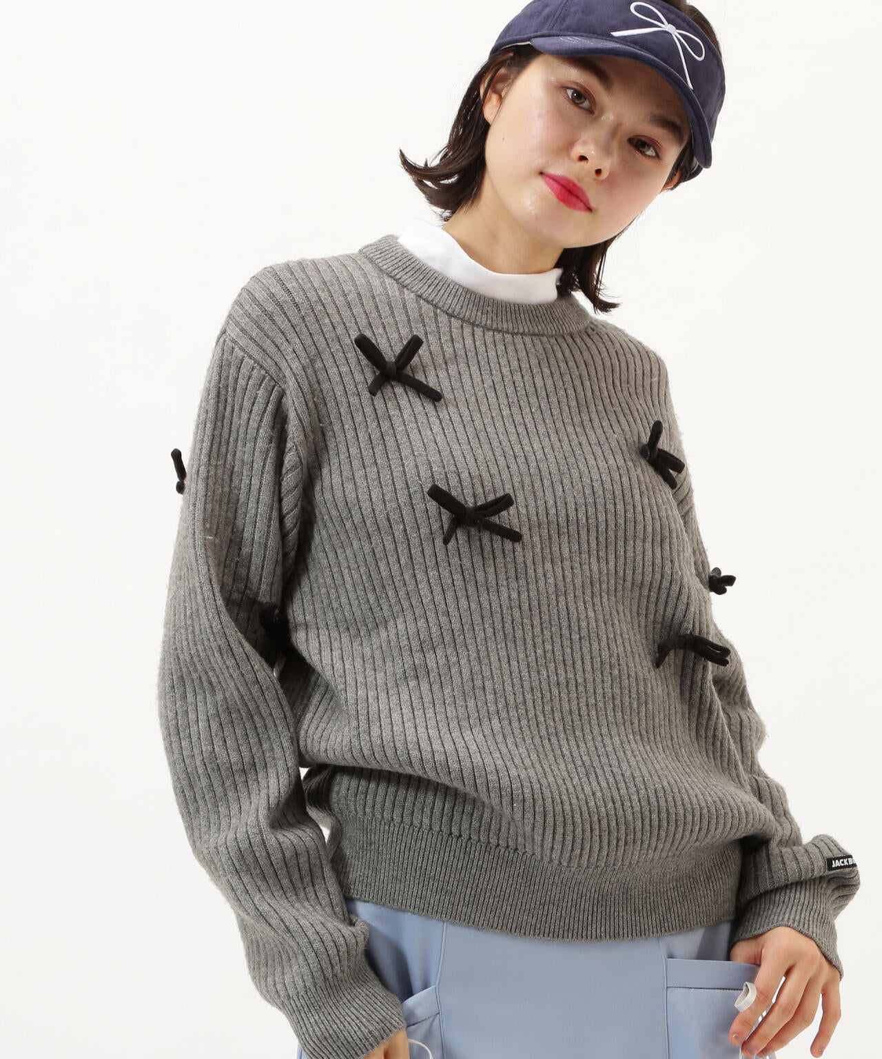 7G2PLY袋編み リボン付きクルーネックニットプルオーバー